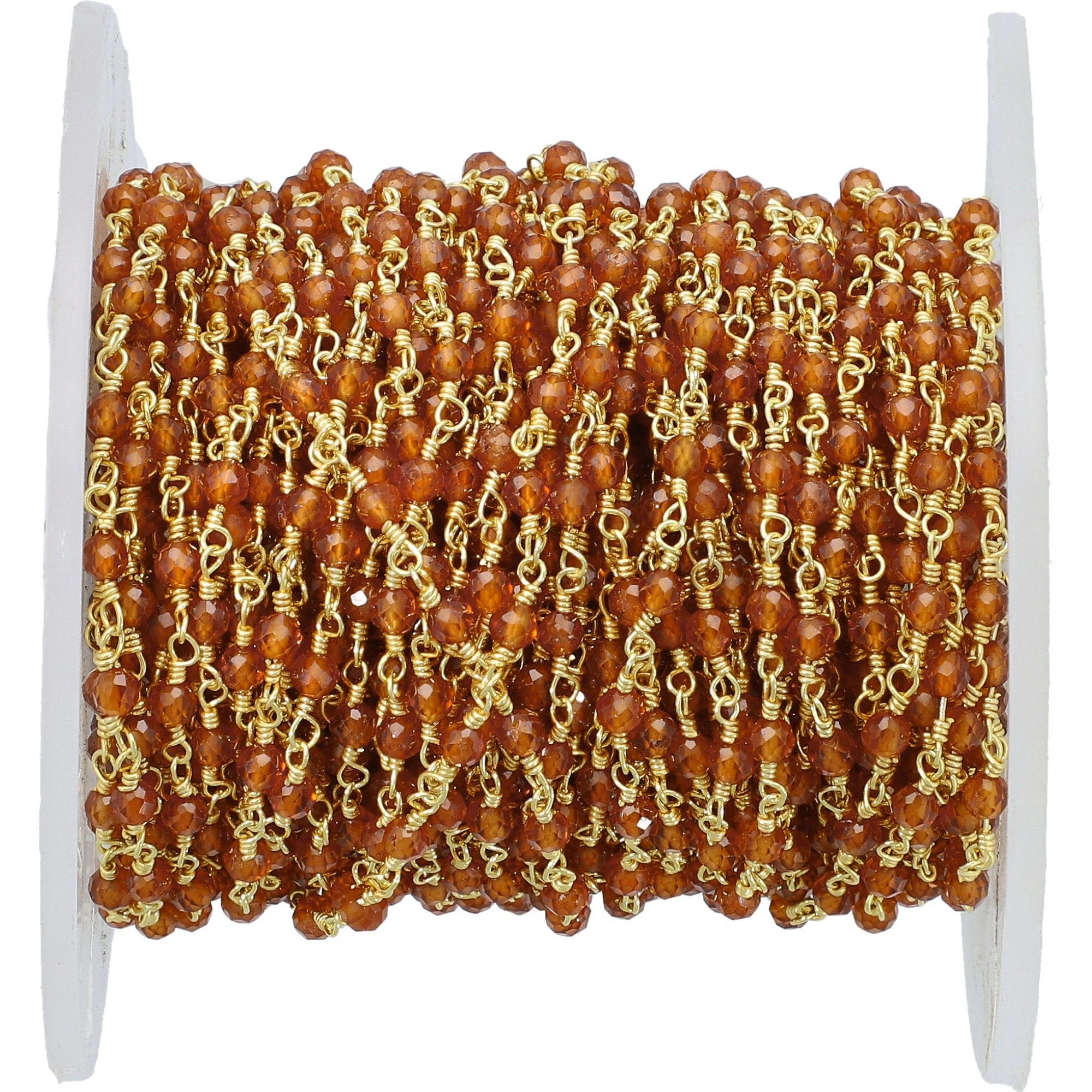 Hessonite Garnet Round Gemstone Gold Plated Brass Rosary Beads Chain