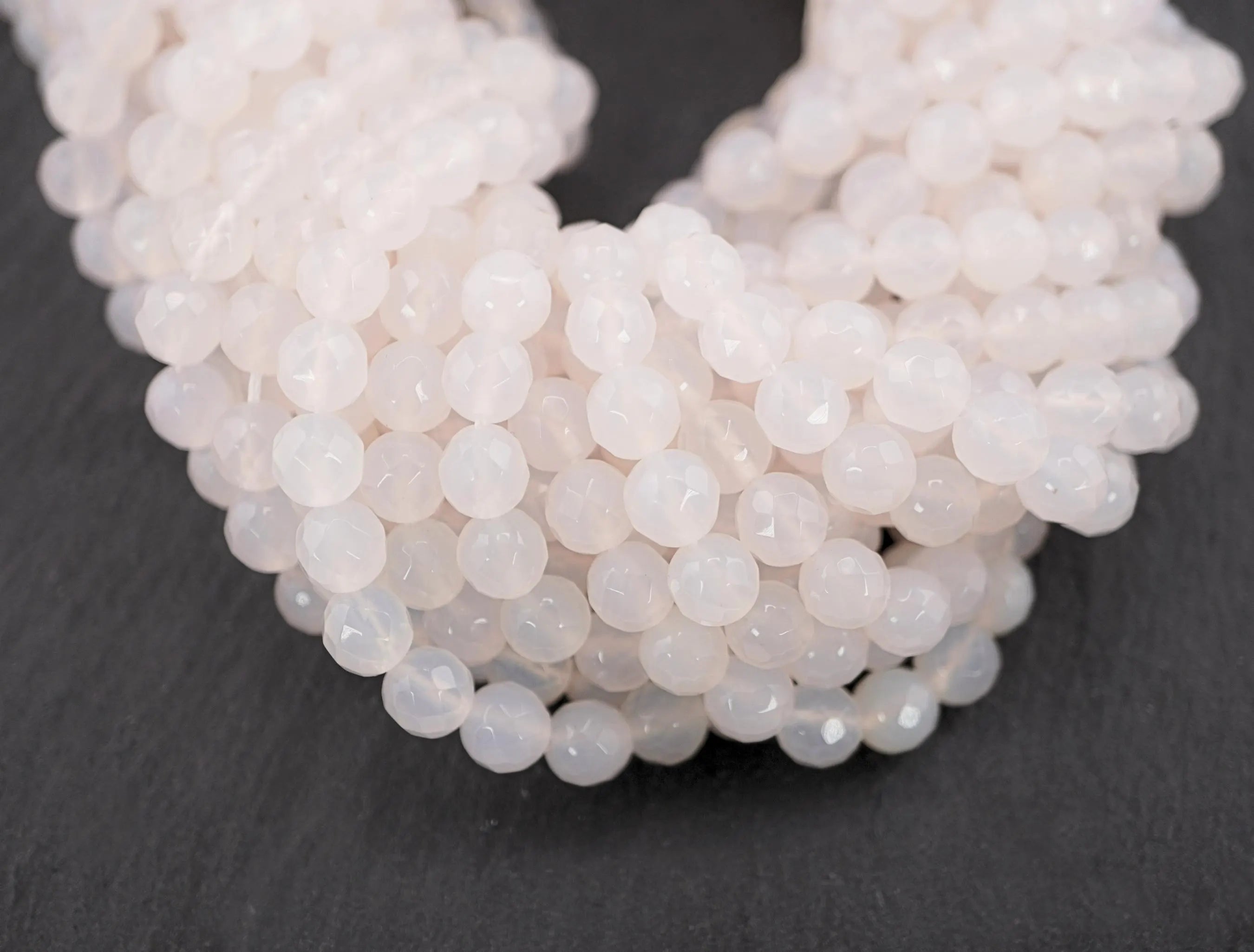 White Chalcedony Faceted Round Shape Strand Beads
