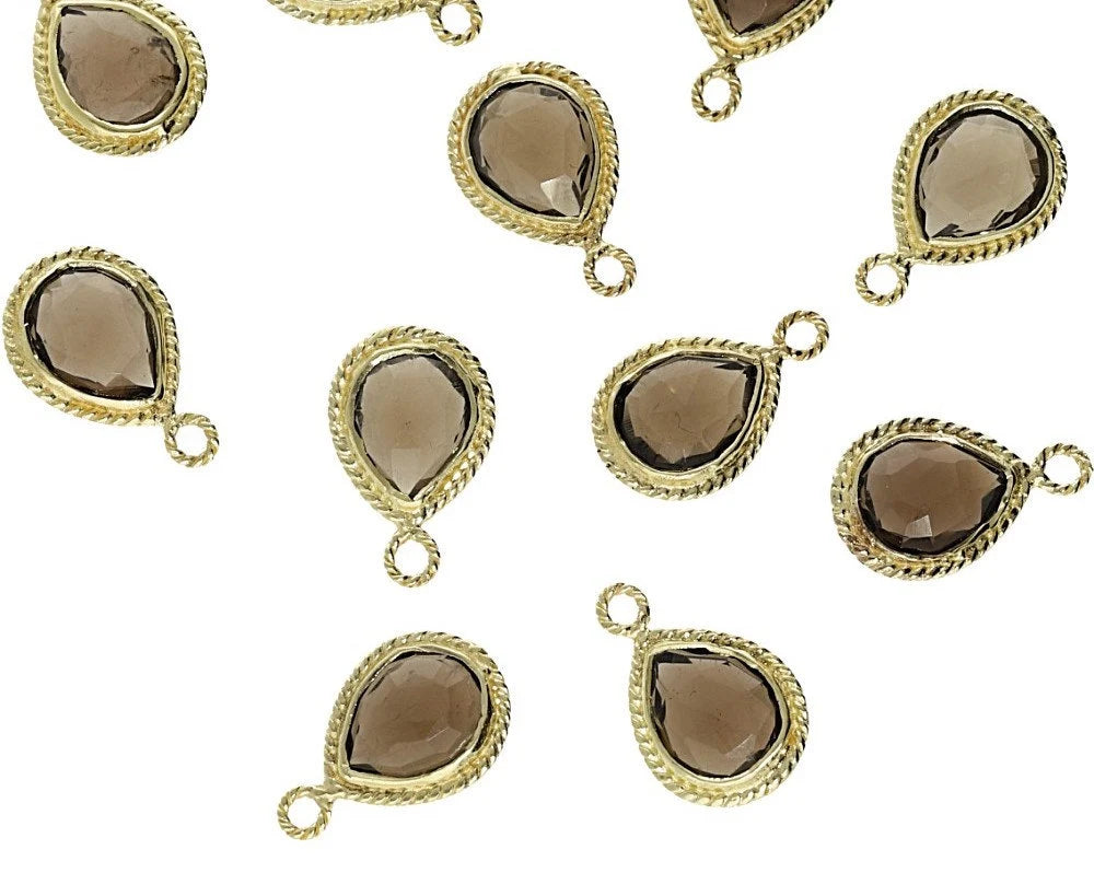 Smoky Quartz Pear Shape Gemstone Twisted Wire Gold Plated Finding Bezel Charm Pendant