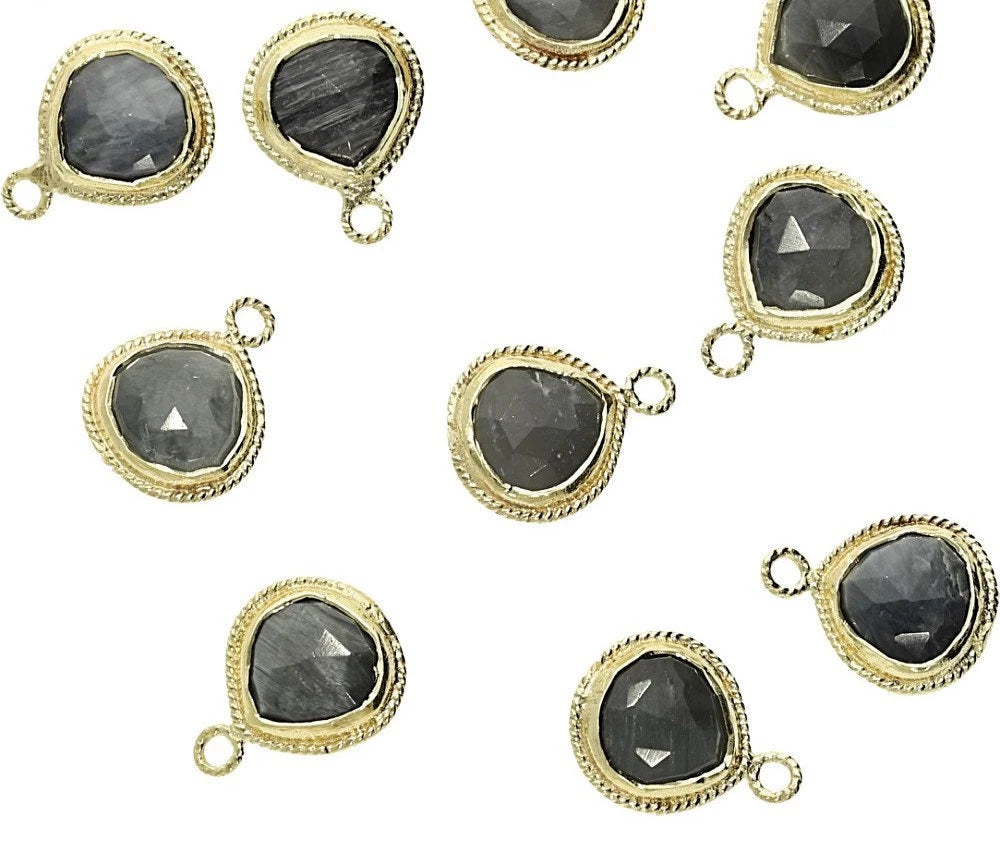 Cat's Eye Faceted Heart Gemstone Gold Plated Silver Bezel Charm Pendant 