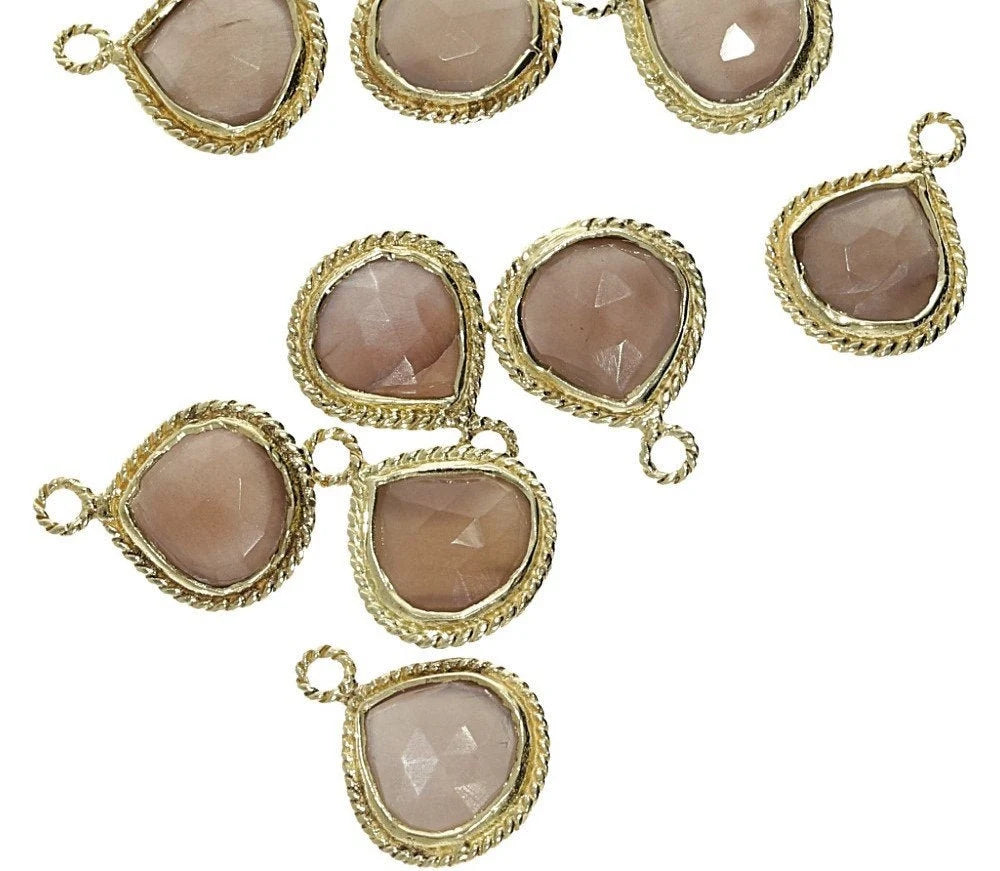 Chocolate Moonstone Heart Shape Sterling Silver Bezel Gold Plated Pendant Charm, Single Bail Bezel
