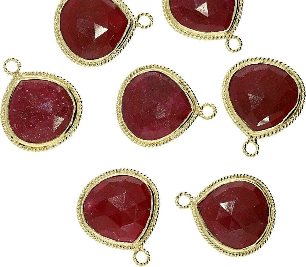 Dyed Ruby Heart Shape Gemstone Twisted Wire Gold Plated Finding Bezel Charm Pendant