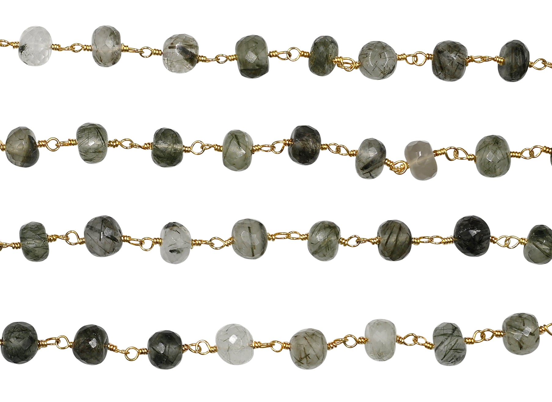 Green Rutilated Quartz Faceted Rondelle Brass Gold Plated Wire Wrapped Chain Sold by Foot