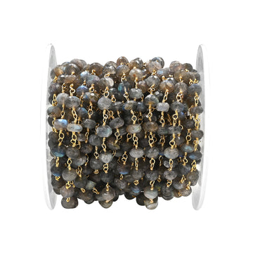  Labradorite Faceted Rondelle Brass Gold Plated Wire Wrapped Chain Sold by Foot