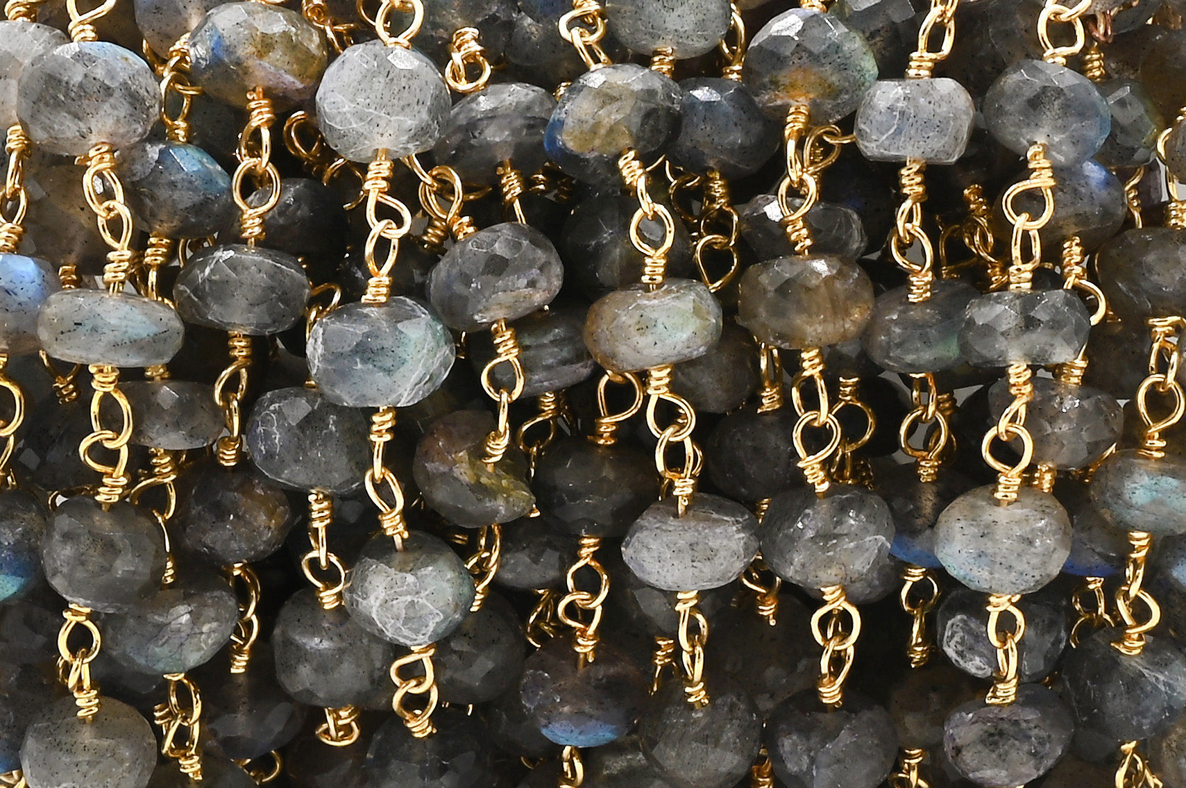  Labradorite Faceted Rondelle Brass Gold Plated Wire Wrapped Chain Sold by Foot