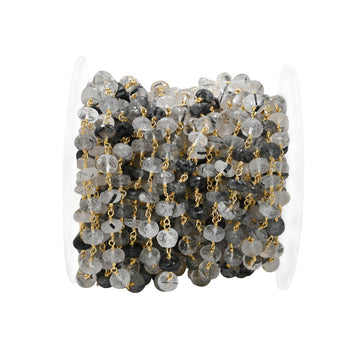 Black Rutilated Quartz Faceted Rondelle Brass Gold Plated Wire Wrapped Chain Sold by Foot