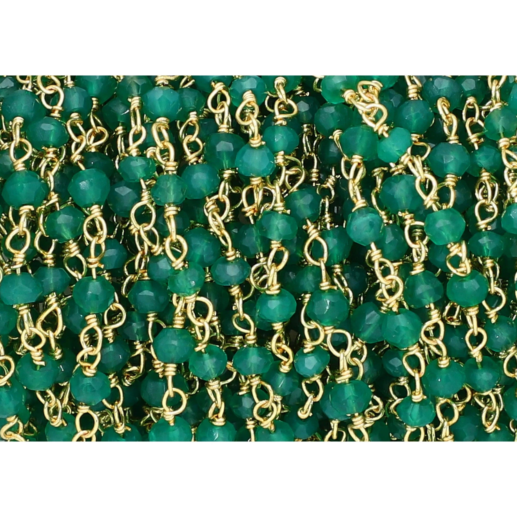 Green Onyx Gemstone Gold Plated Brass Rosary Chain Beads