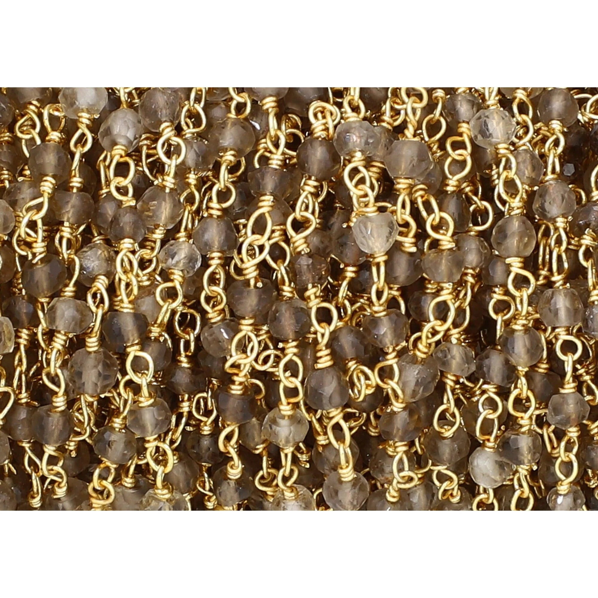 Smoky Quartz Gemstone Gold Plated Brass Rosary Beads Chain