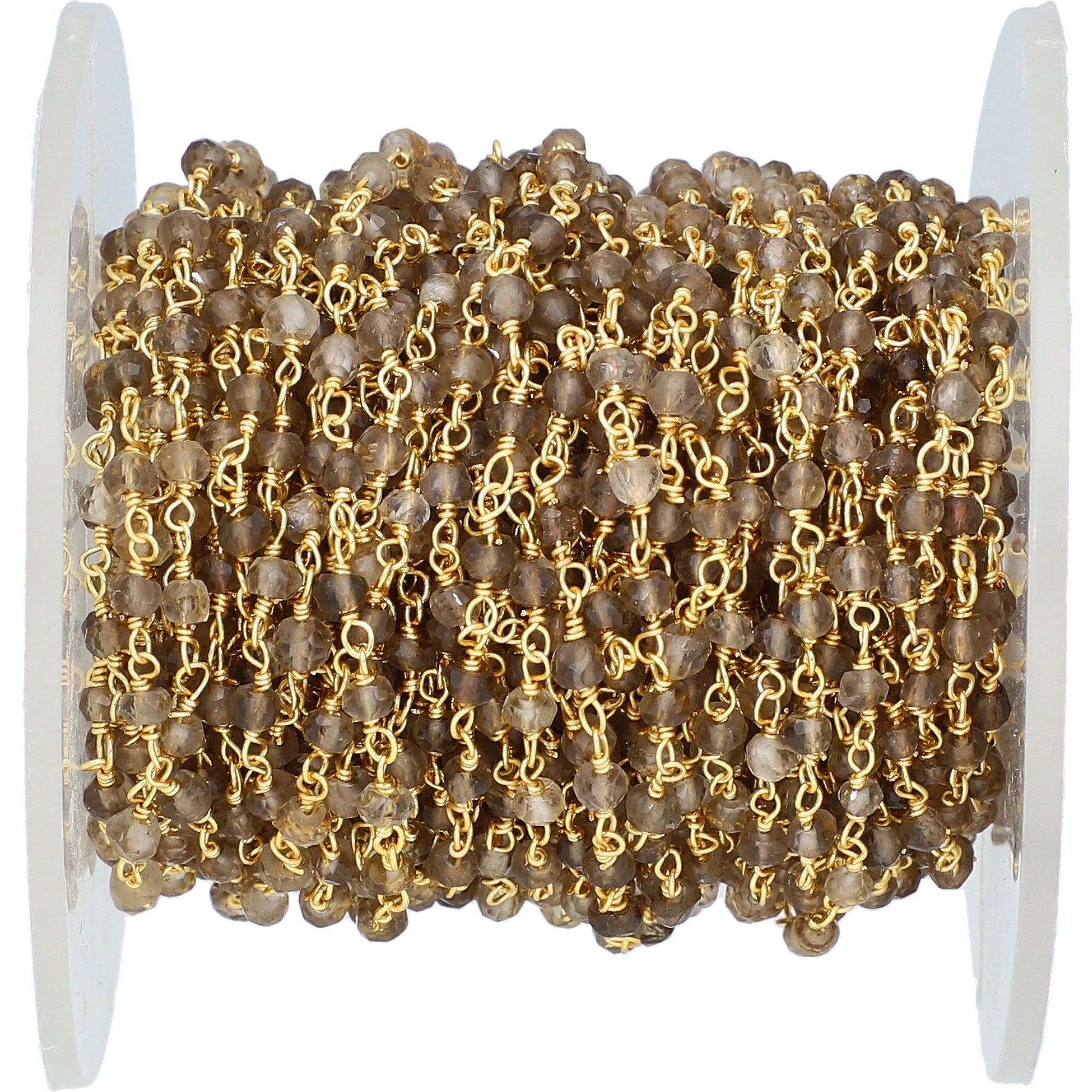 Smoky Quartz Gemstone Gold Plated Brass Rosary Beads Chain