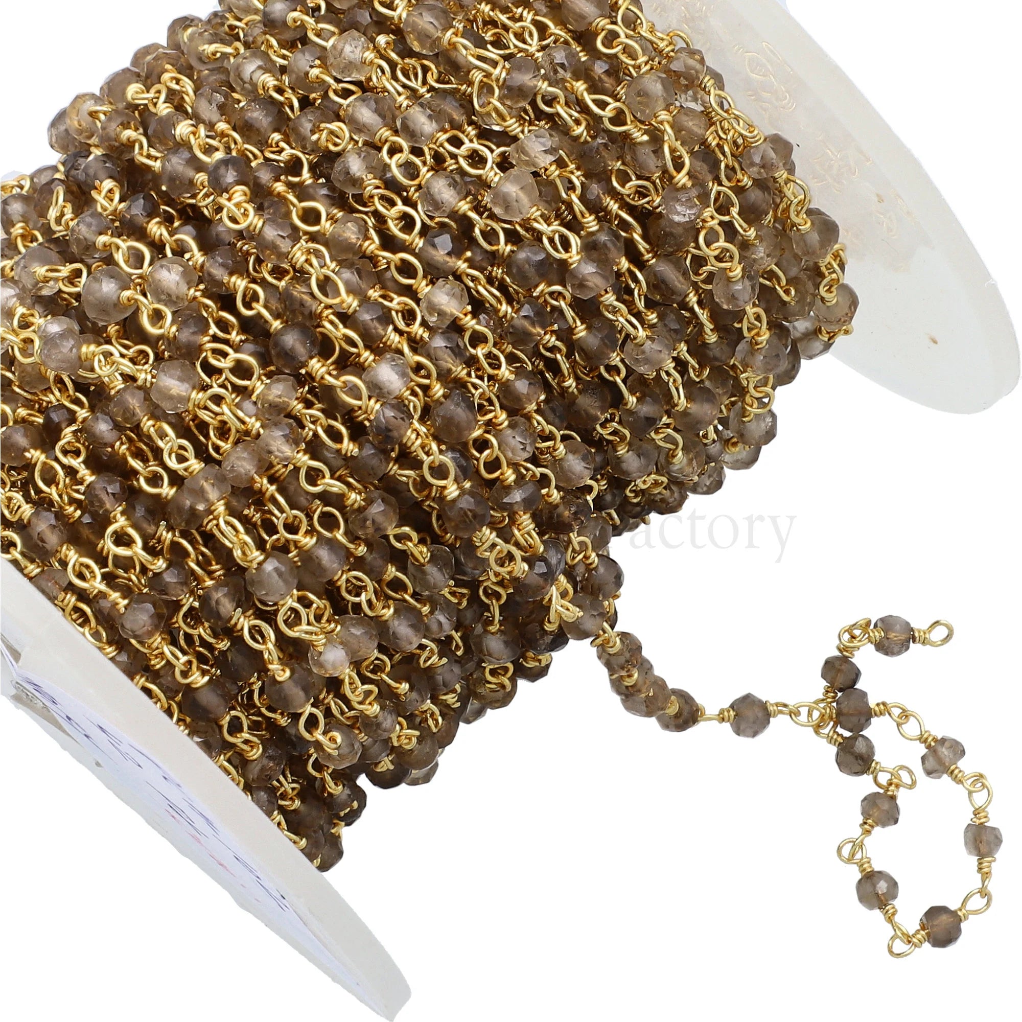 Smoky Quartz Gemstone Gold Plated Brass Rosary Beads Chain