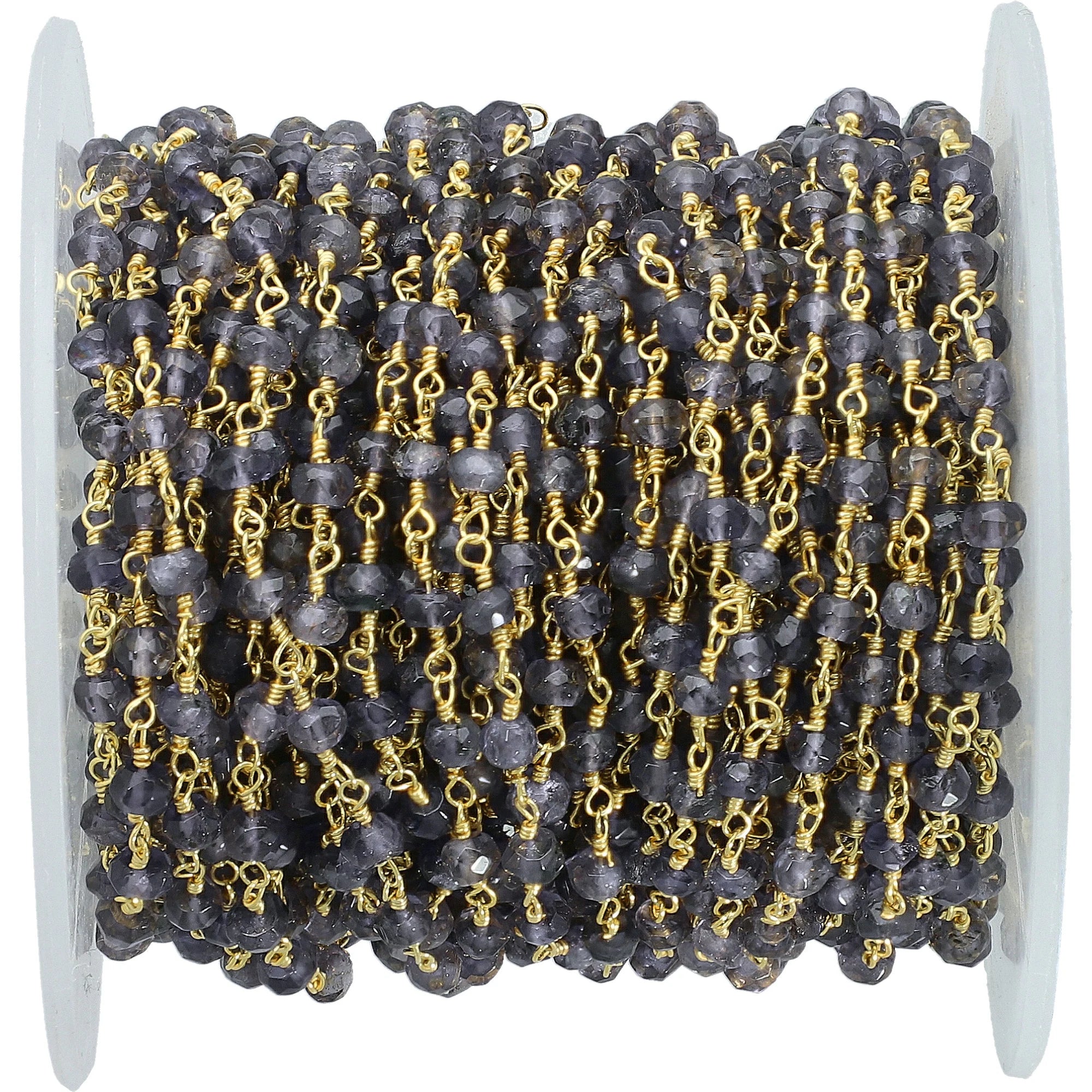 Iolite Faceted Gemstone Gold Plated Brass Rosary Beads Chain 