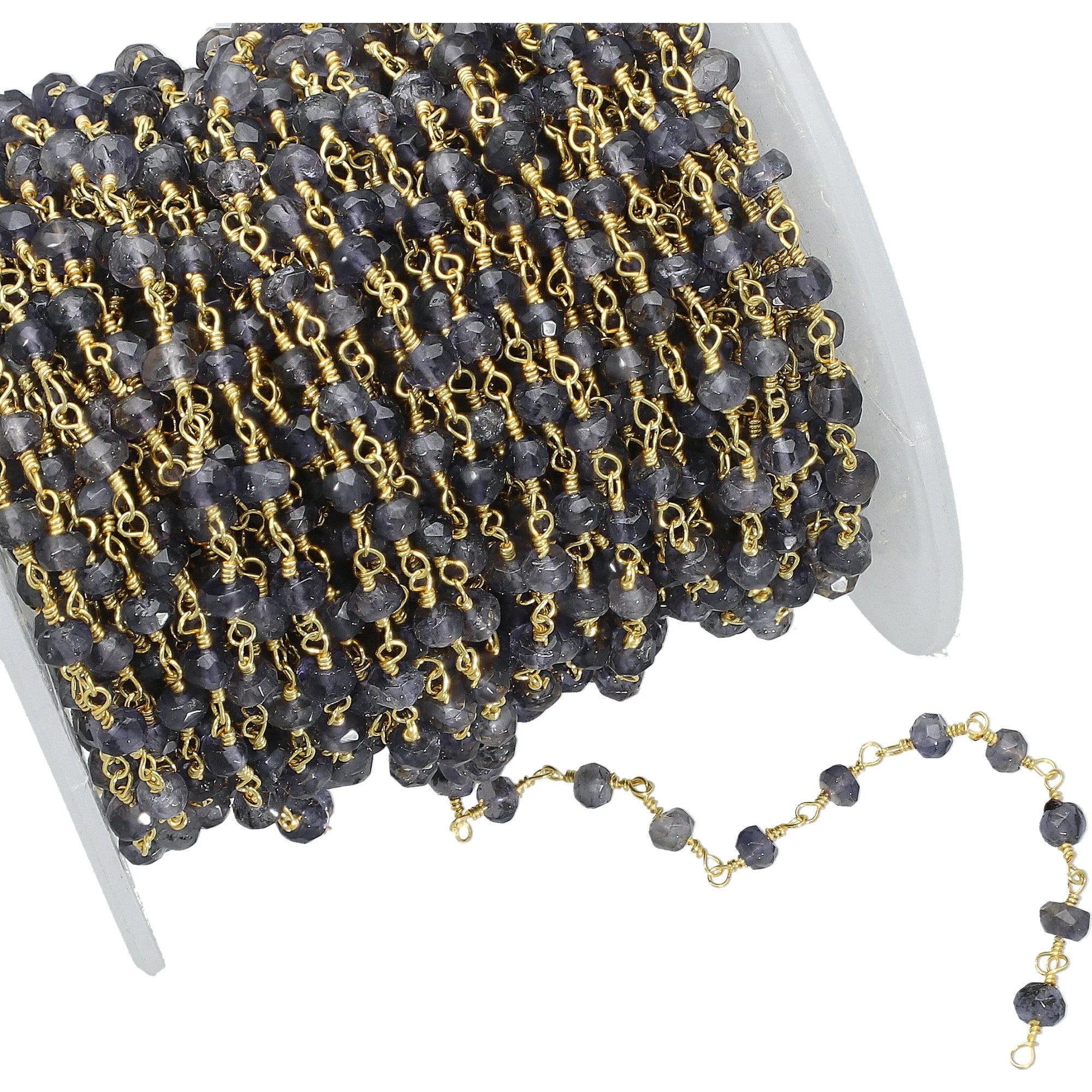Iolite Faceted Gemstone Gold Plated Brass Rosary Beads Chain 