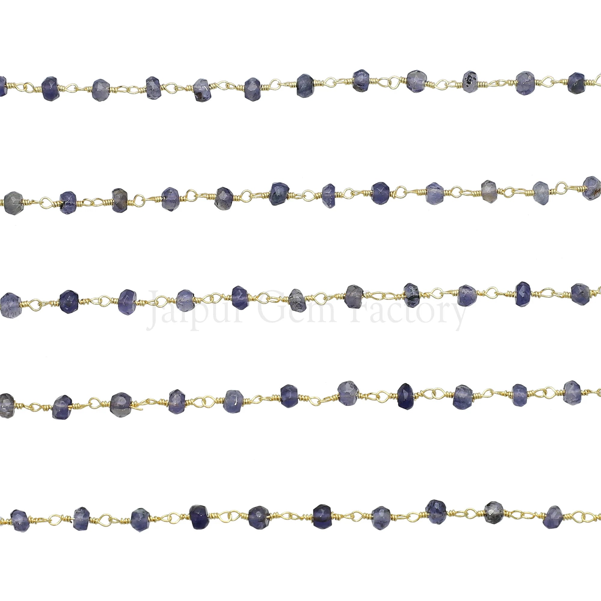 Iolite Faceted Gemstone Gold Plated Brass Rosary Beads Chain 