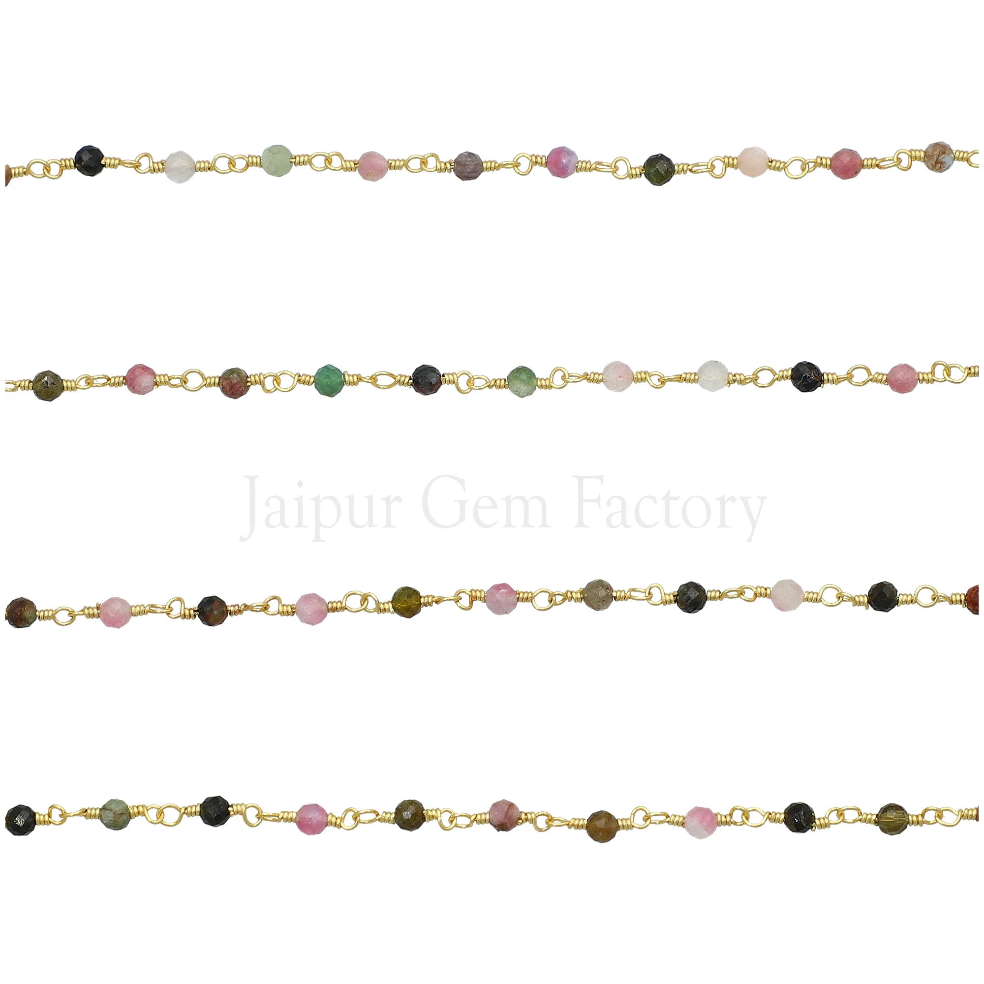 Multi Tourmaline Gemstone Brass Gold Plated Rosary Beads Chain 