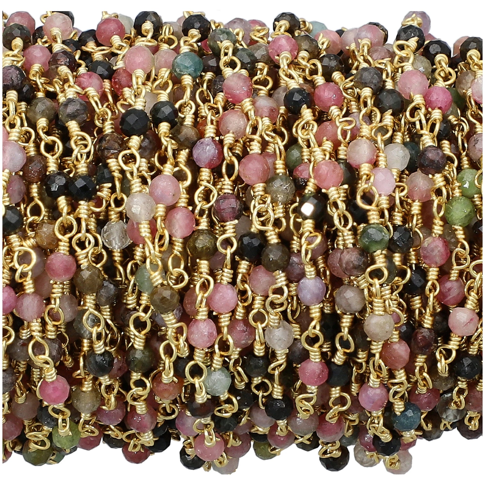 Multi Tourmaline Gemstone Brass Gold Plated Rosary Beads Chain 