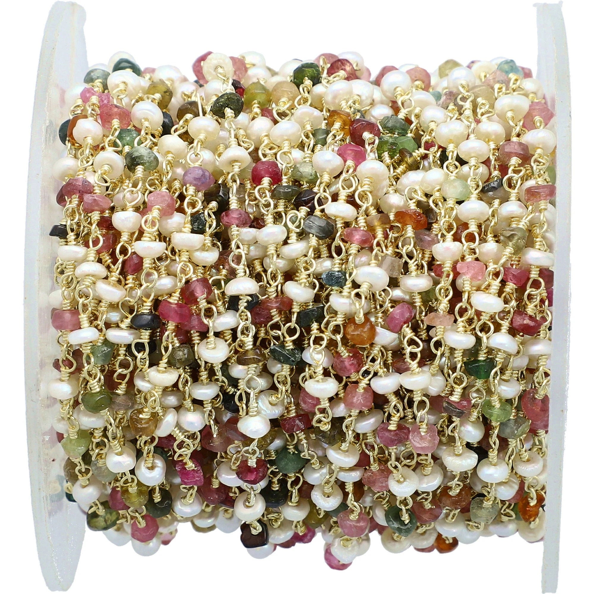 Multi Tourmaline & Pearls Rondelle Shape Gemstone Brass Gold Plated Rosary Beads Chain