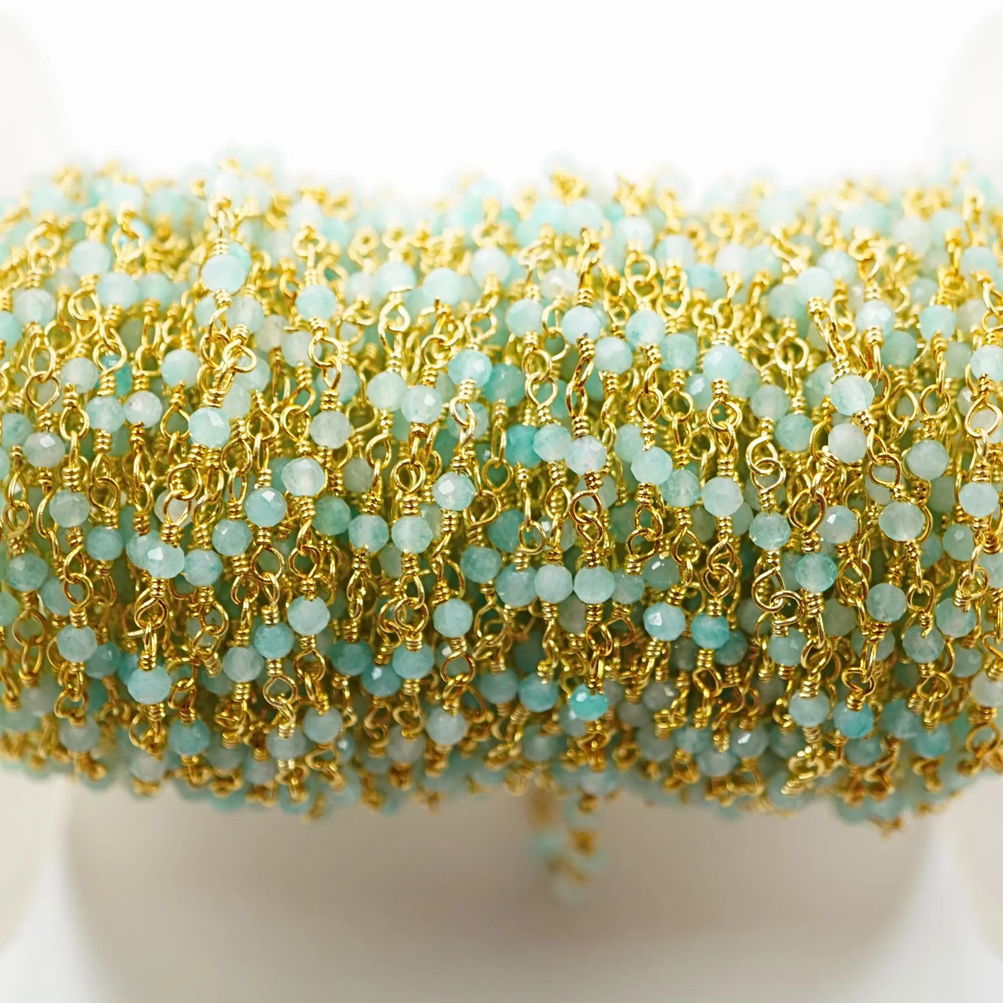 Aqua Calcedony Gemstone Gold Plated Brass Rosary Chain Beads