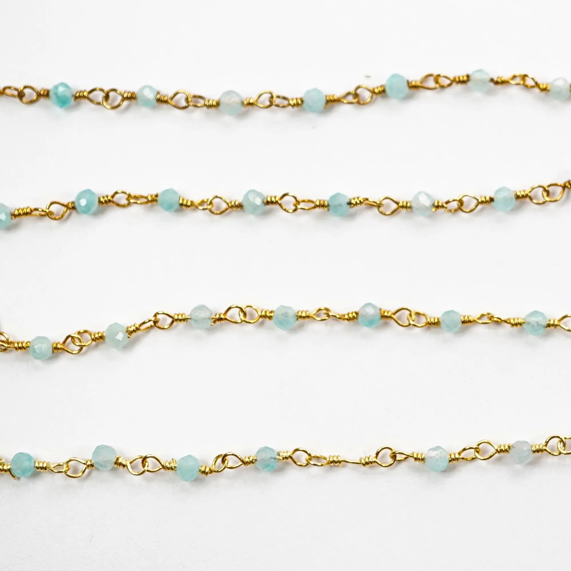Aqua Calcedony Gemstone Gold Plated Brass Rosary Chain Beads