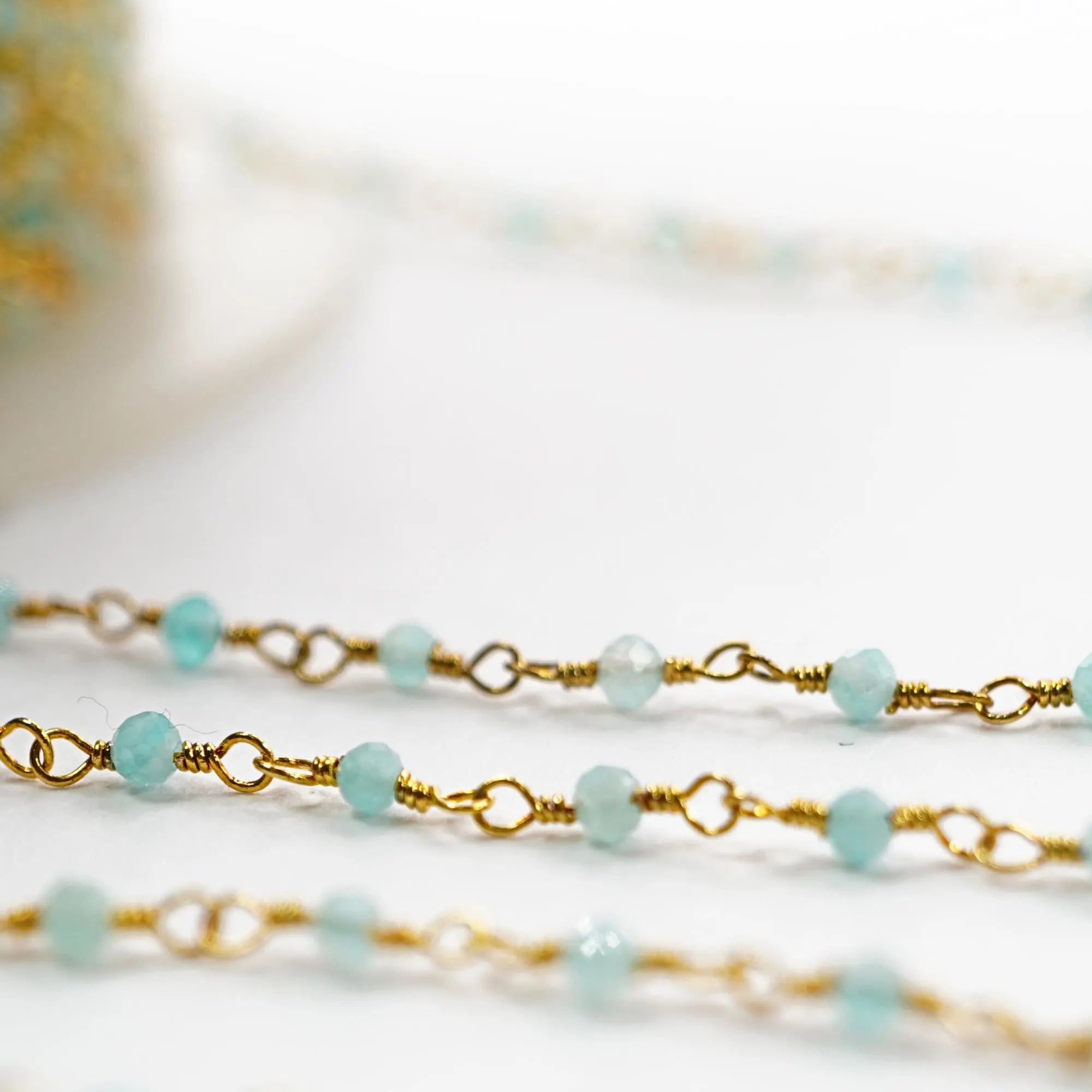 Aqua Calcedony Gemstone Gold Plated Brass Rosary Chain Beads