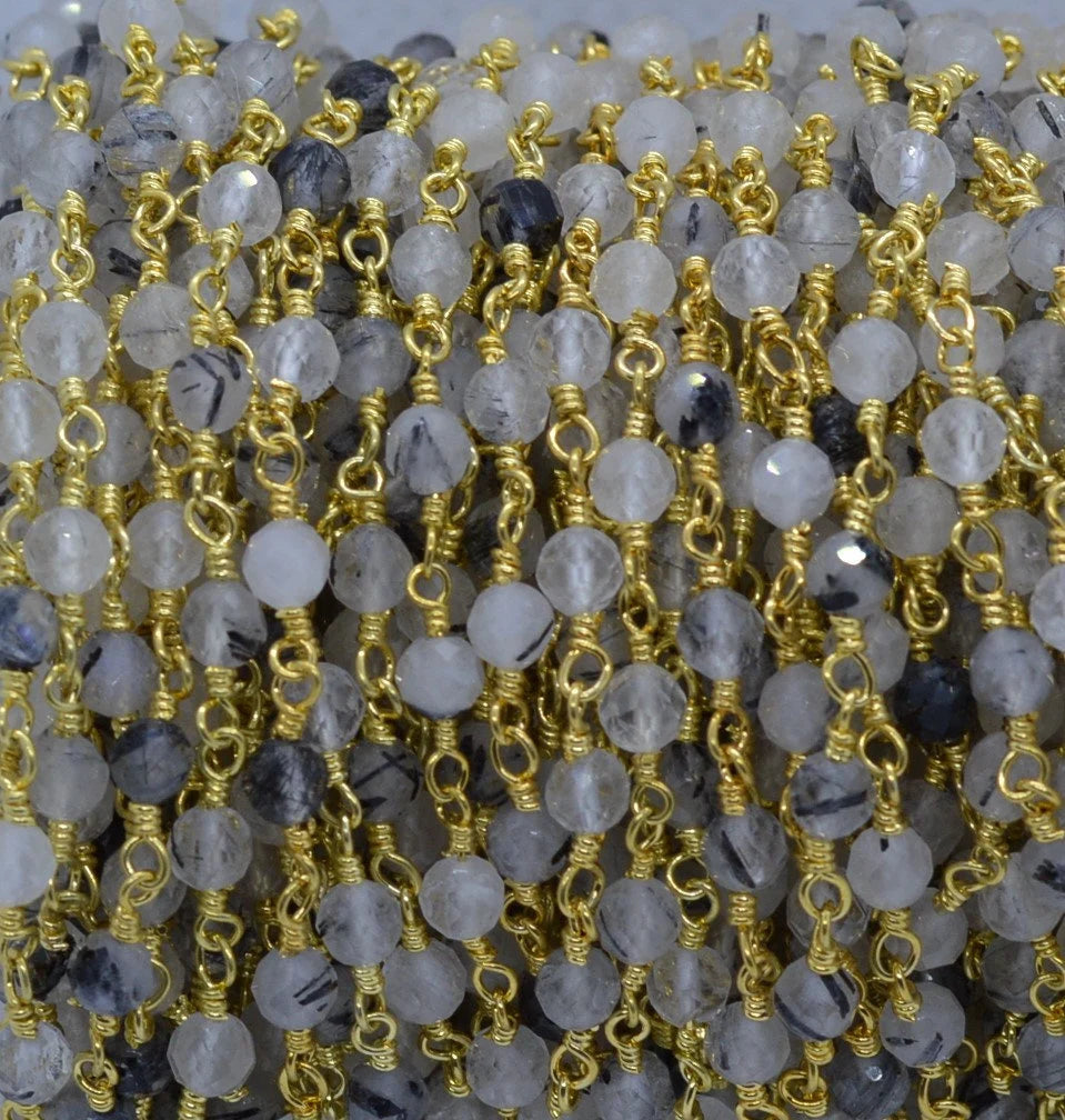 Black Rutilated Quartz Gemstone Gold Plated Brass Rosary Bead Chain
