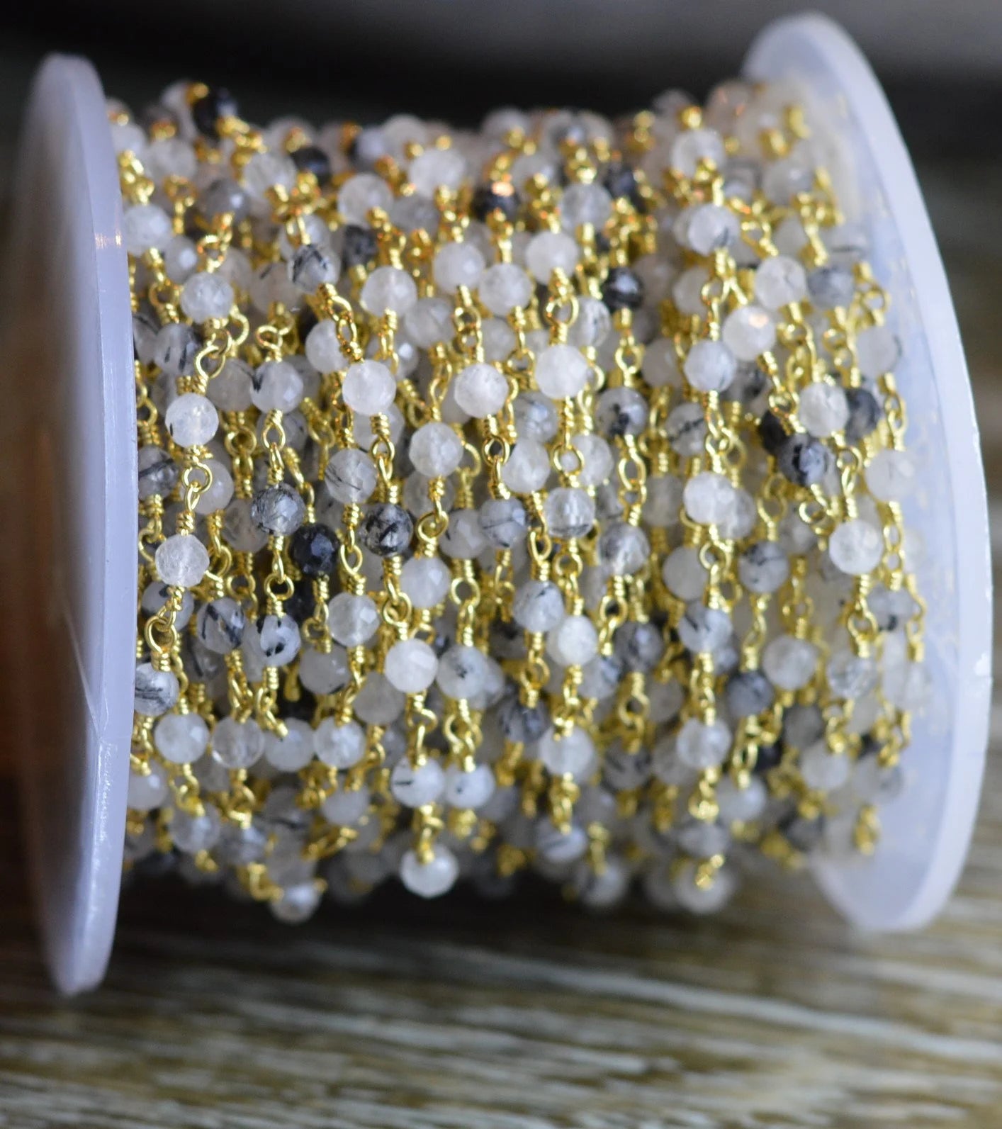 Black Rutilated Quartz Gemstone Gold Plated Brass Rosary Bead Chain