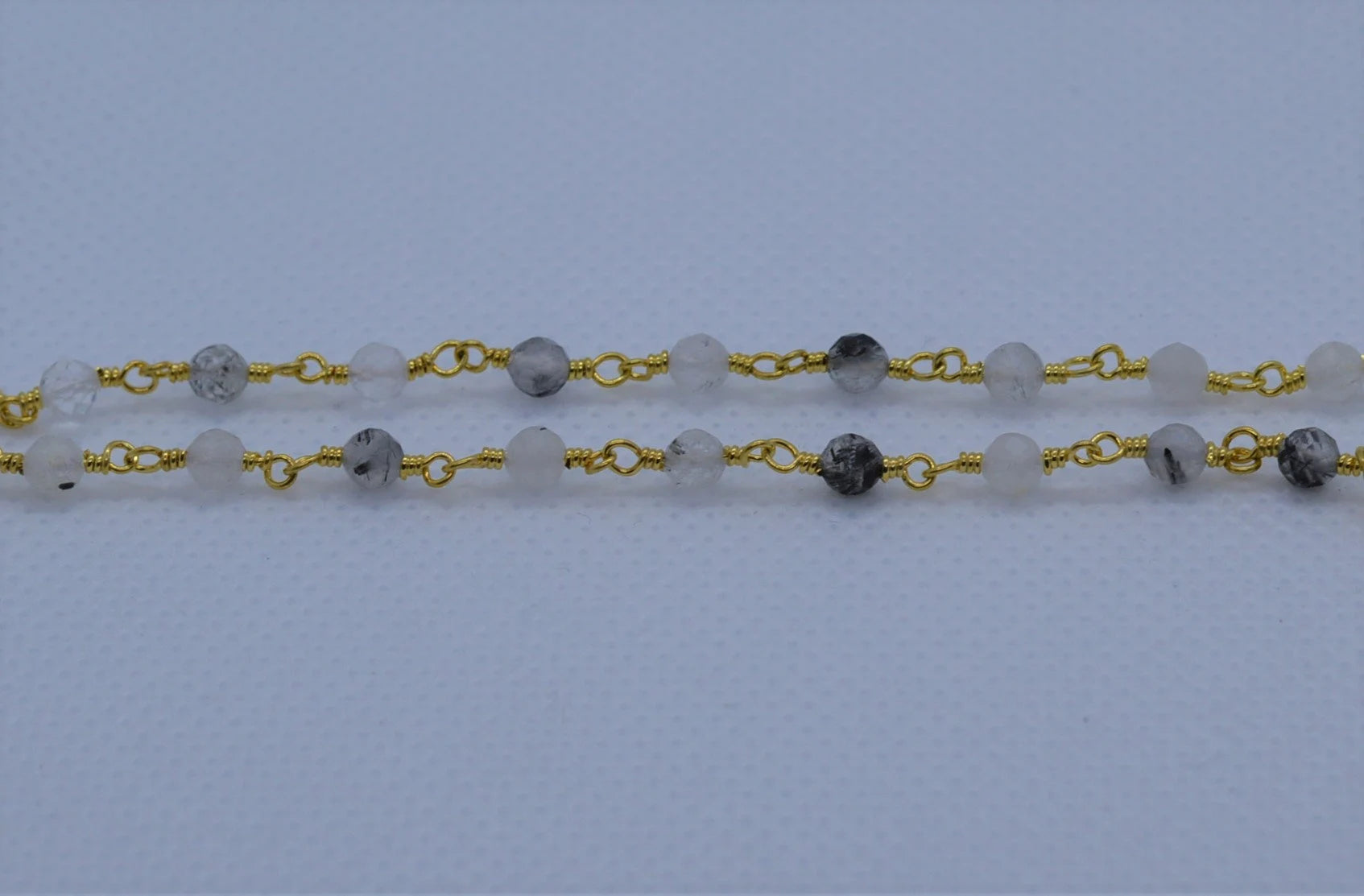 Black Rutilated Quartz Gemstone Gold Plated Brass Rosary Bead Chain