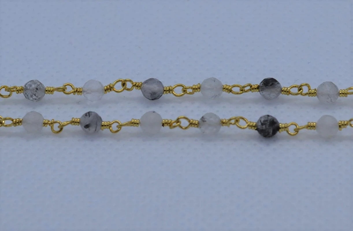 Black Rutilated Quartz Gemstone Gold Plated Brass Rosary Bead Chain