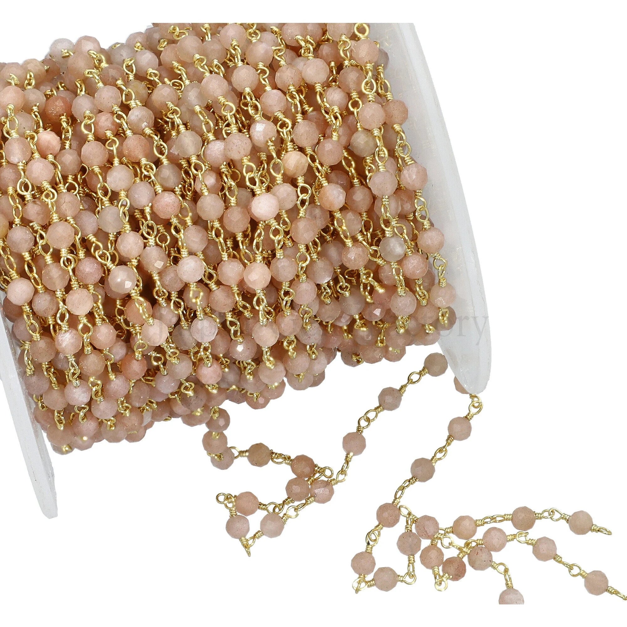 Moonstone Beaded Brass Gold Plated Rosary Beads Chain 