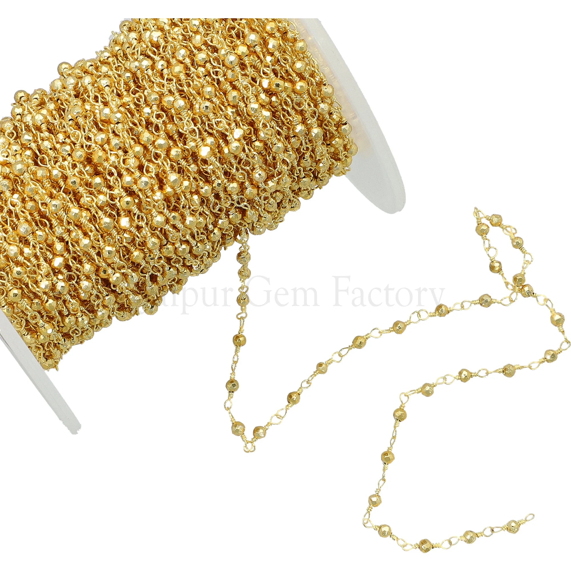 Gold Pyrite Round Shape Gemstone Brass Gold Plated Rosary Beads Chain