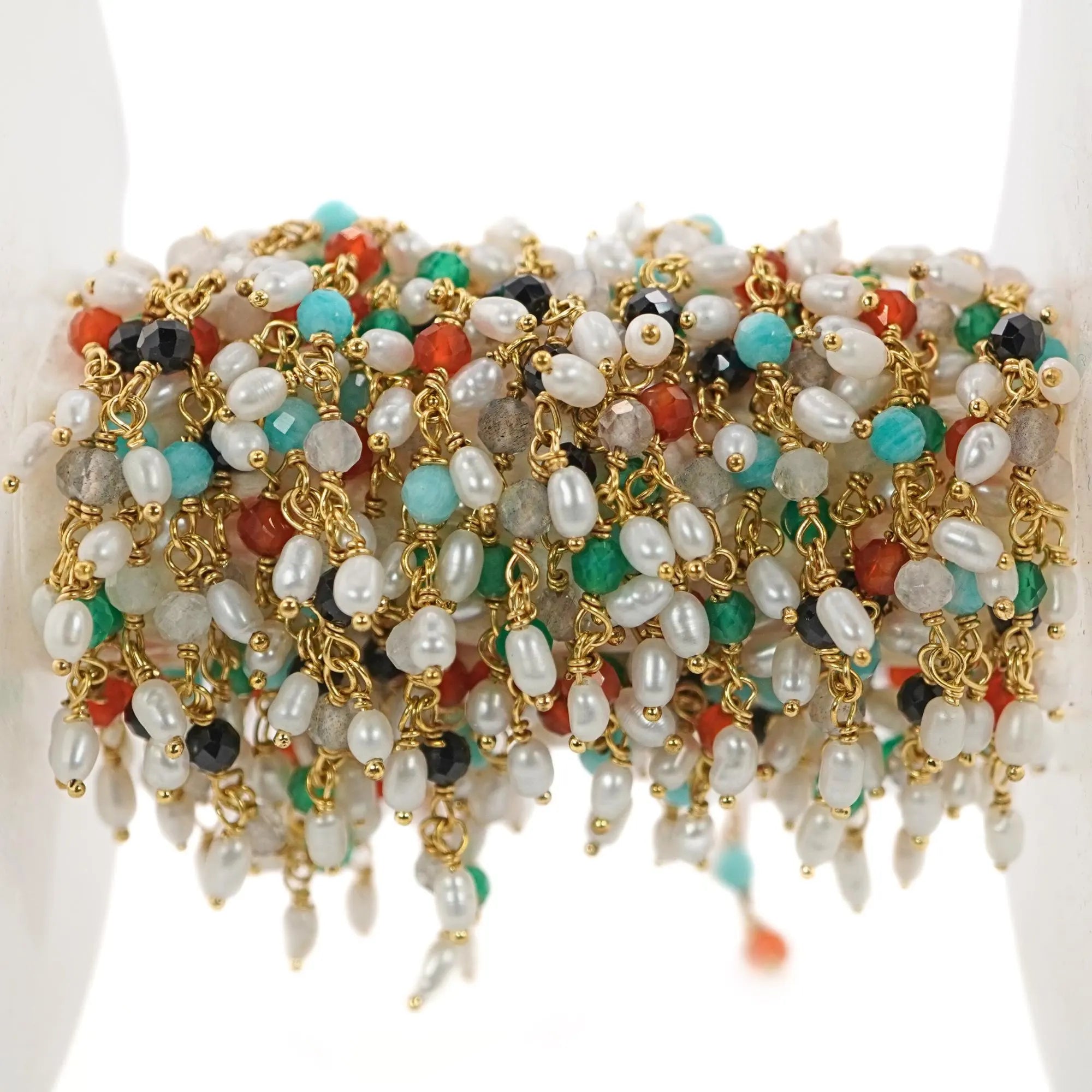 Multi Gemstone Round Shape Gold Plated Brass Rosary Chain Beads