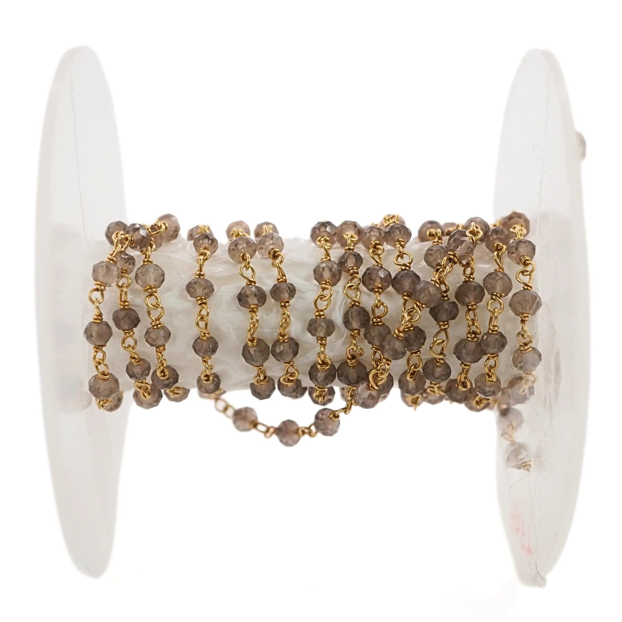 Smoky Quartz Round Shape Gemstone Brass Gold Plated Rosary Beads Chain