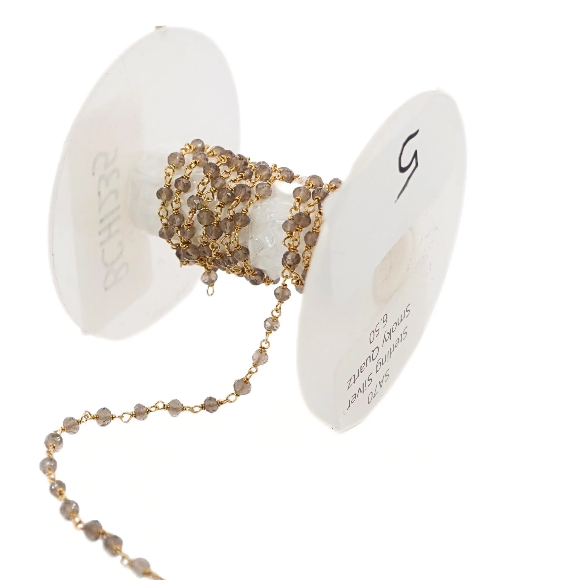 Smoky Quartz Round Shape Gemstone Brass Gold Plated Rosary Beads Chain