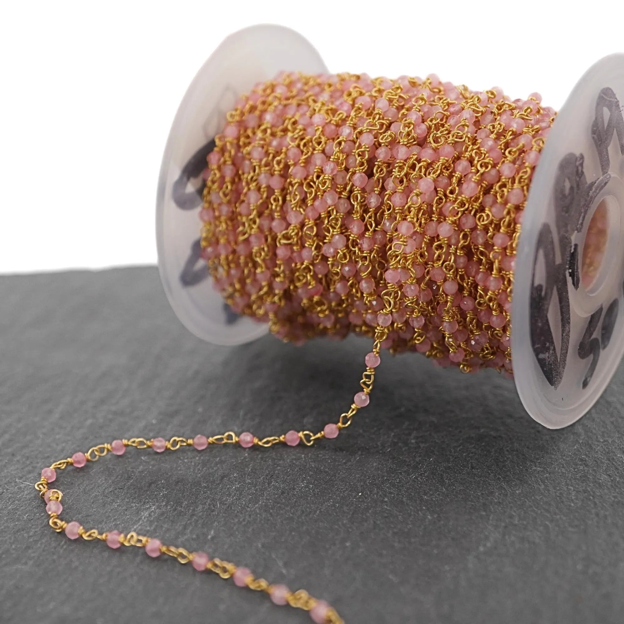 Pink Quartz Gold Plated Brass Wire Wrapped Rosary Bead Chain 