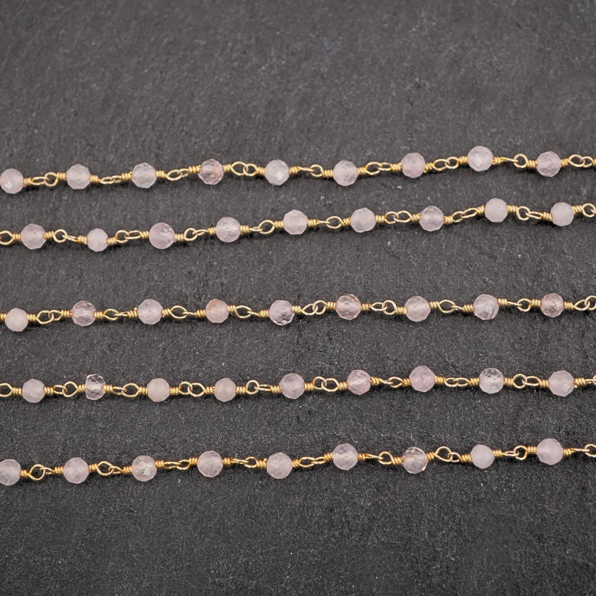Rose Quartz Round Shape Gemstone Brass Gold Plated Rosary Beads Chain