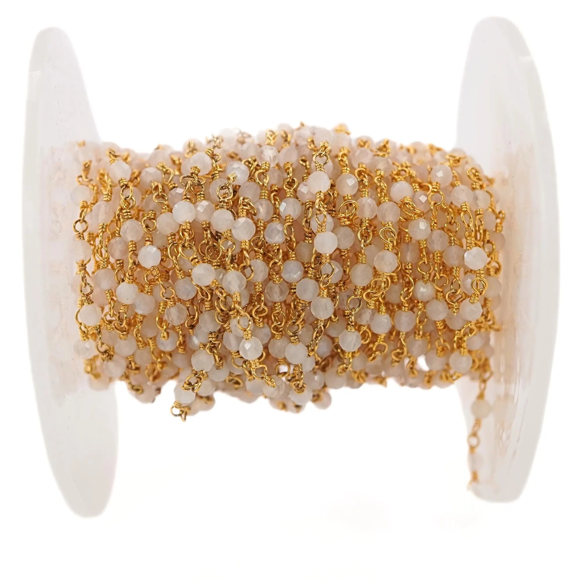 Milky Quartz Round Shape Gemstone Brass Gold Plated Rosary Beads Chain