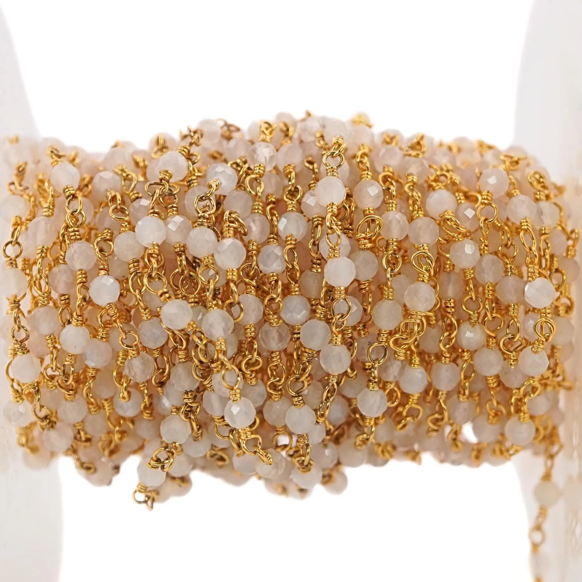 Milky Quartz Round Shape Gemstone Brass Gold Plated Rosary Beads Chain
