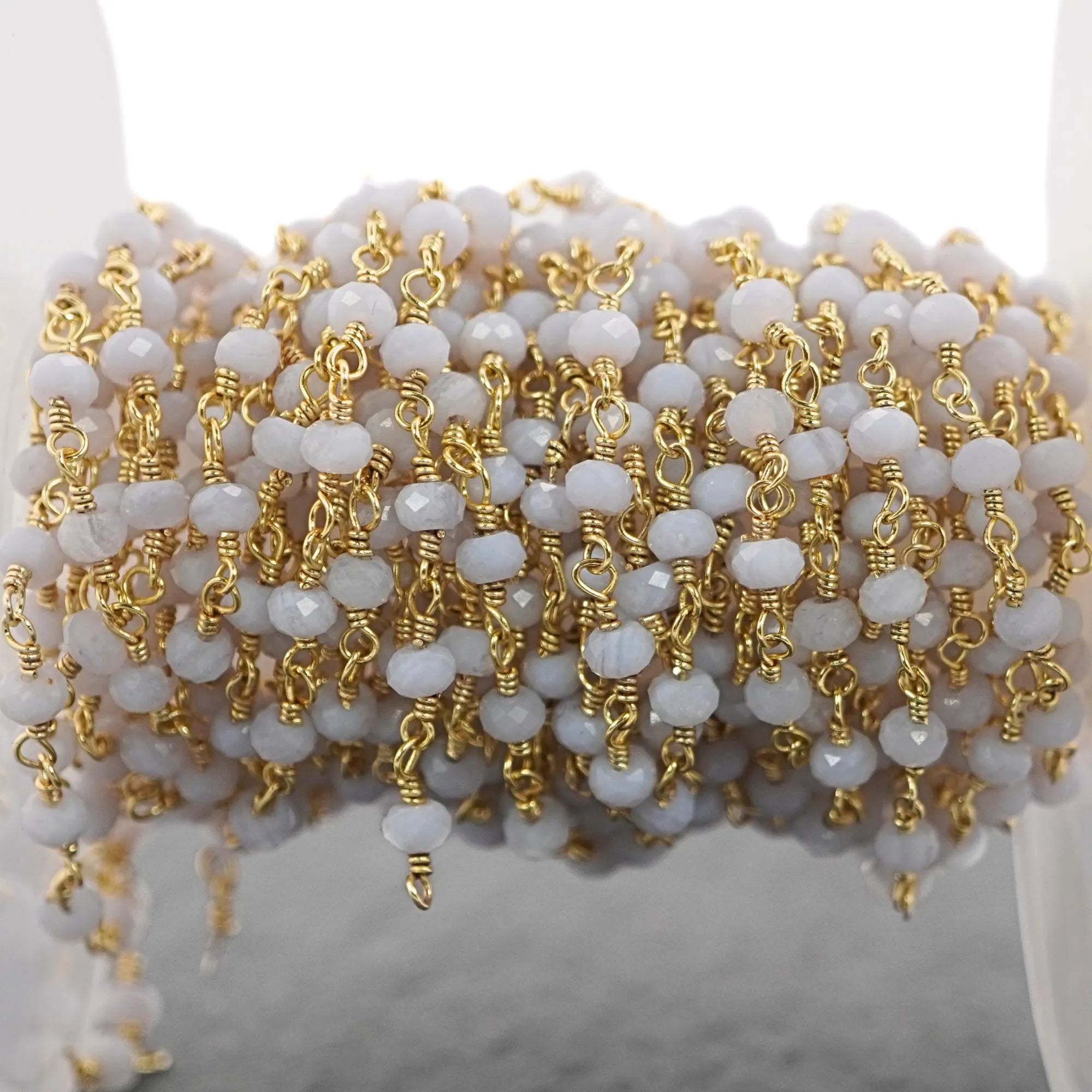 Agate Rondelle Shape Gemstone Brass Gold Plated Rosary Beads Chain