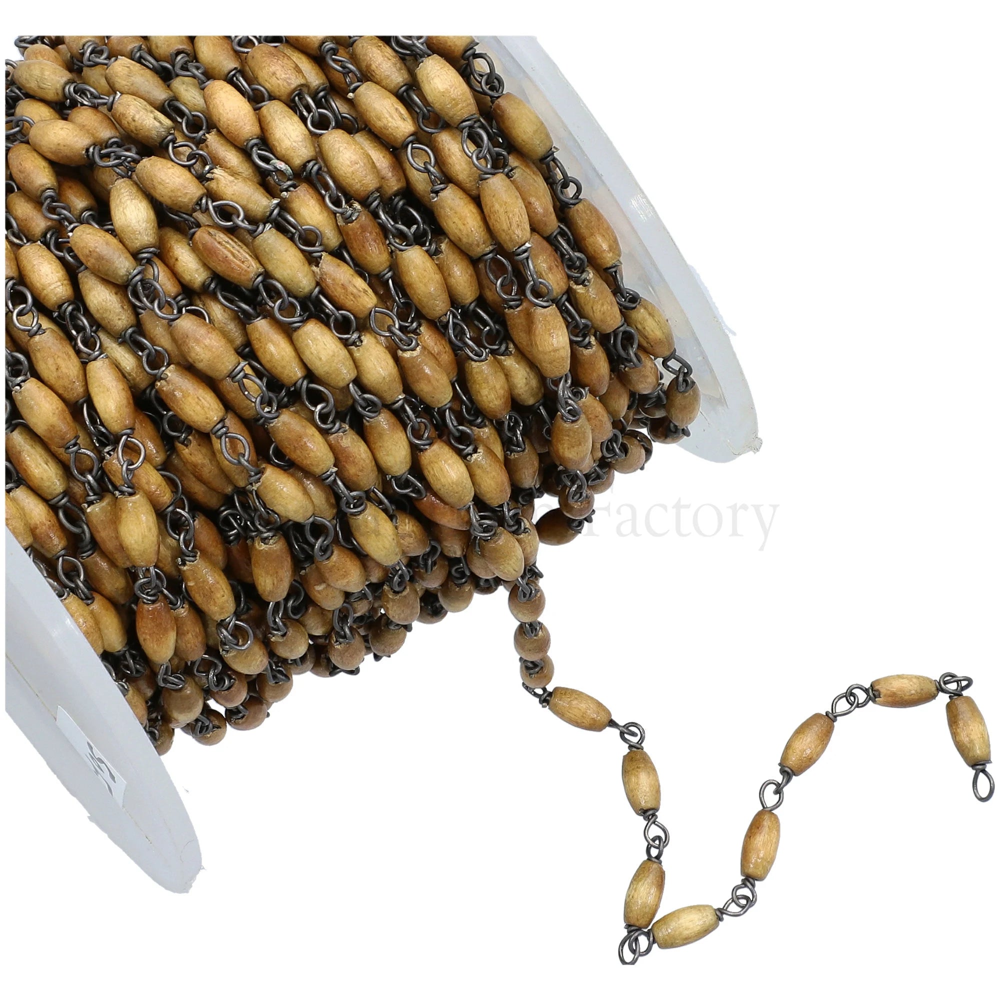 Wood Smooth Barrel Brass Oxidized Beaded Rosary Chain