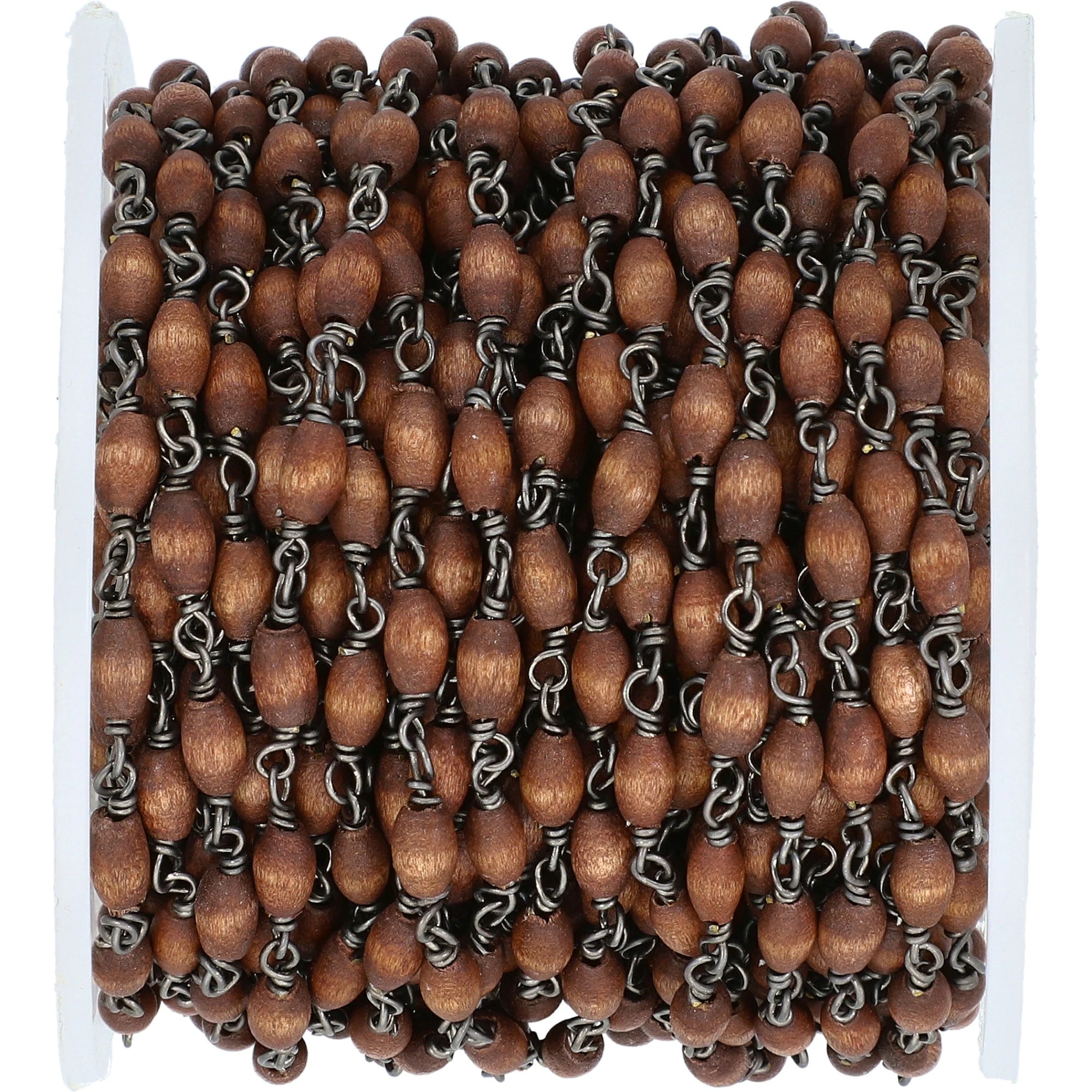 Brown Wood Smooth Barrel Brass Oxidized Rosary Beads Chain