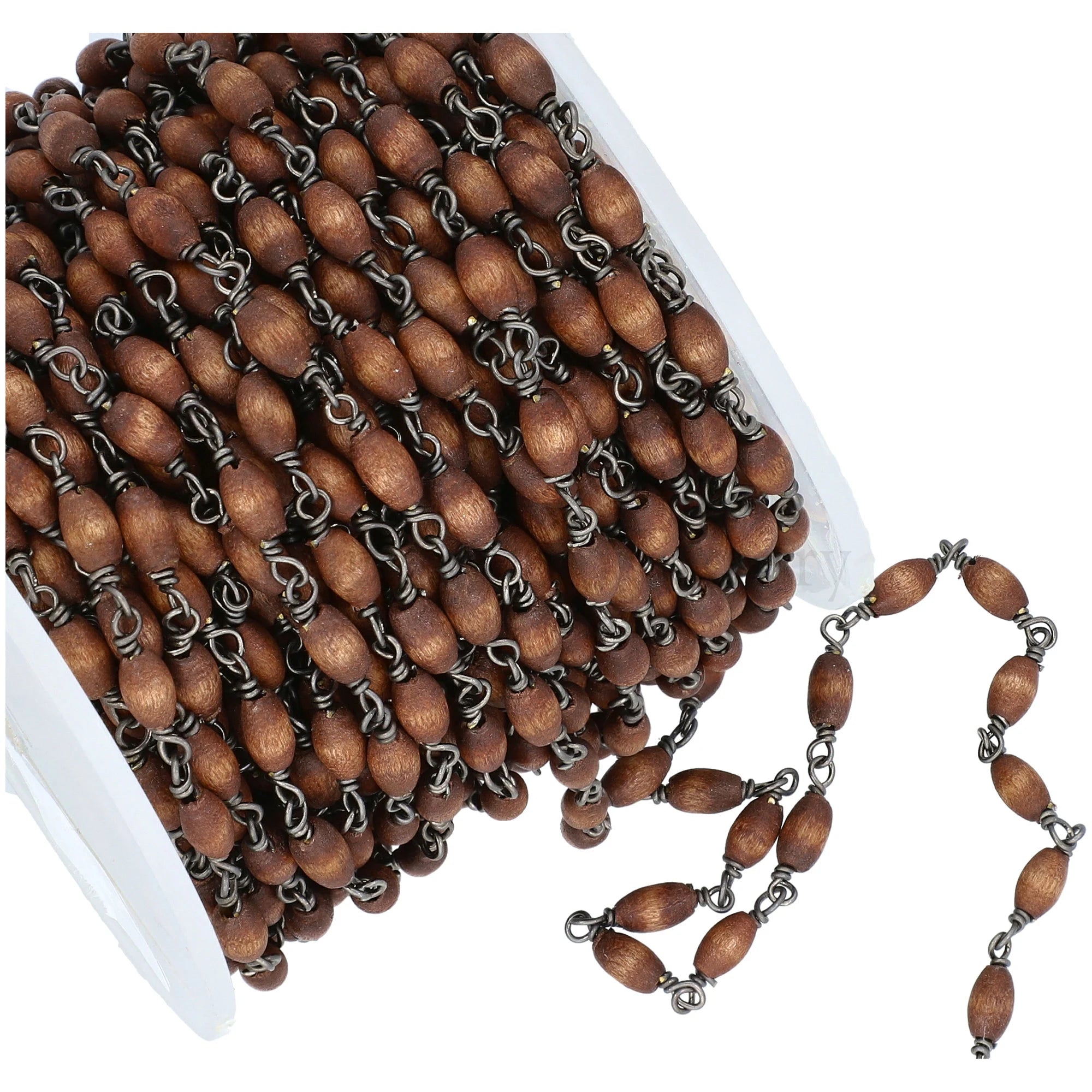 Brown Wood Smooth Barrel Brass Oxidized Rosary Beads Chain