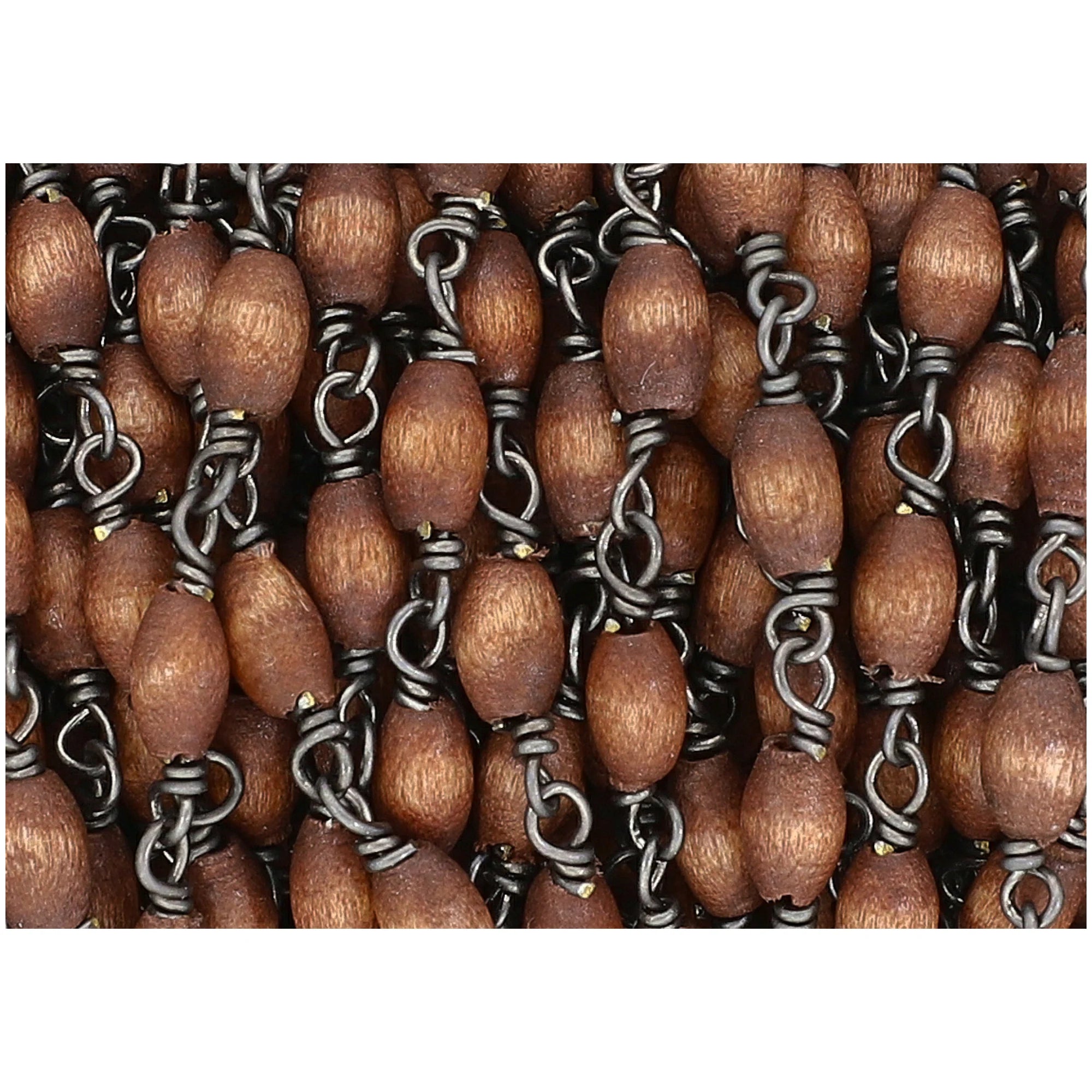 Brown Wood Smooth Barrel Brass Oxidized Rosary Beads Chain