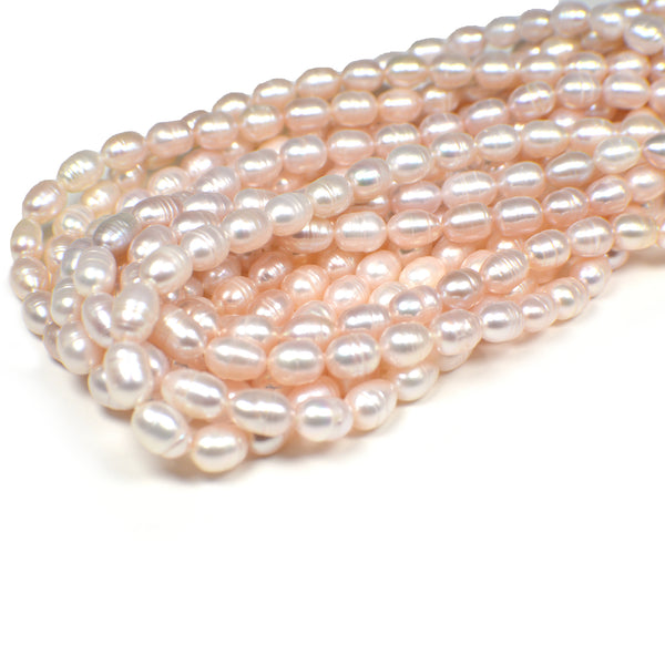 8x6 - 9x6 MM Pink Peach Ringed Rice Freshwater Pearls Beads