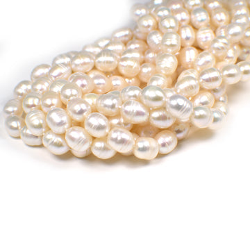 9x7 - 10x8 MM White Ringed Rice Freshwater Pearls Beads