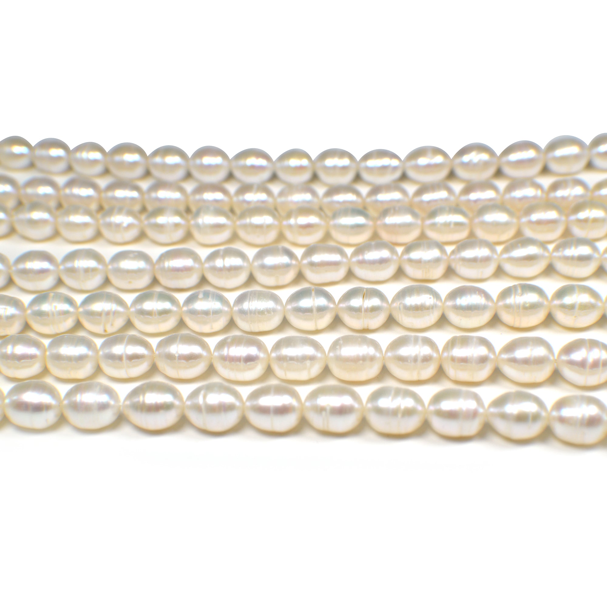 9x7 - 10x8 MM White Ringed Rice Freshwater Pearls Beads