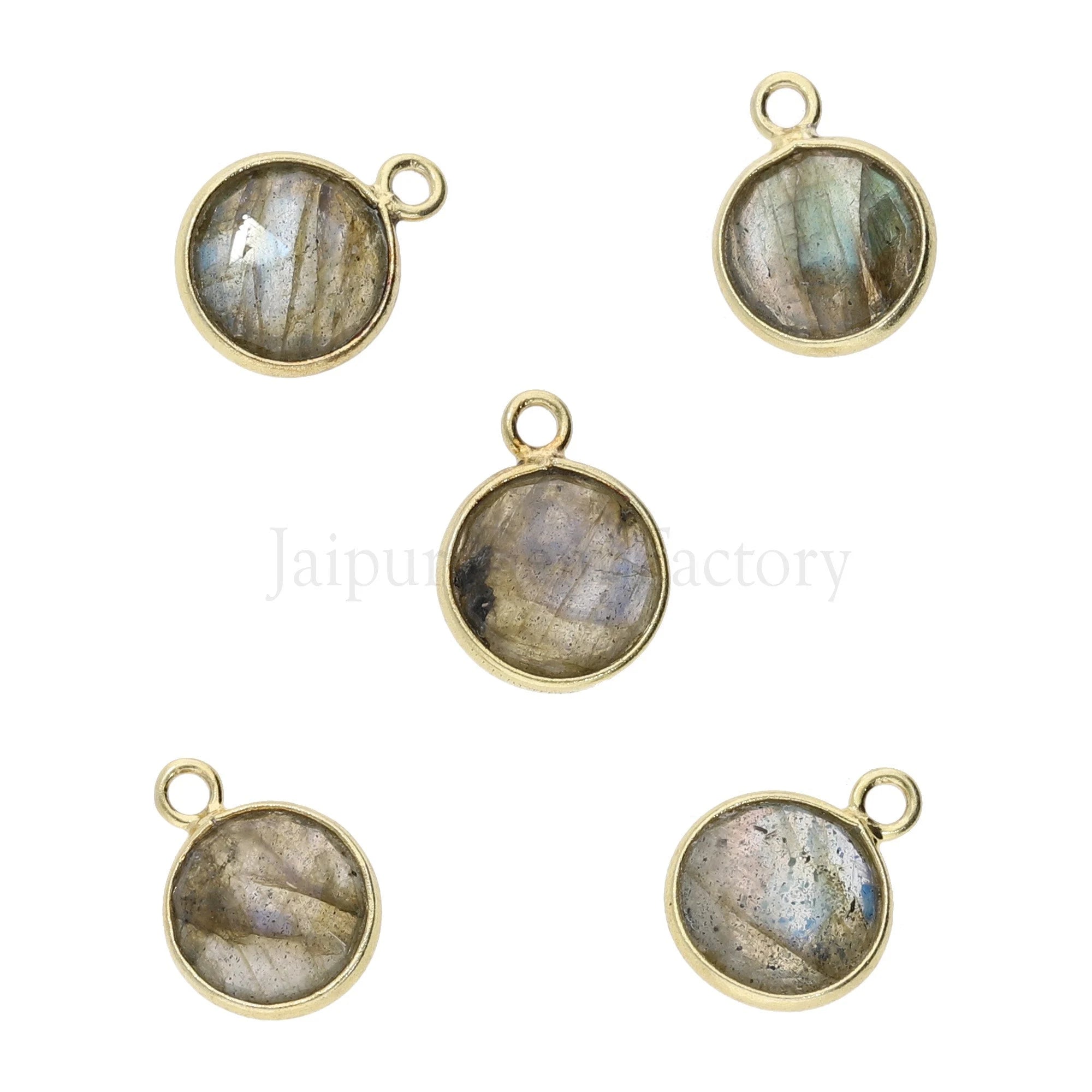 Labradorite Sterling Silver Gold Plated Coin Pendant Charm, Set of 2 pcs Jewelry Making Supply