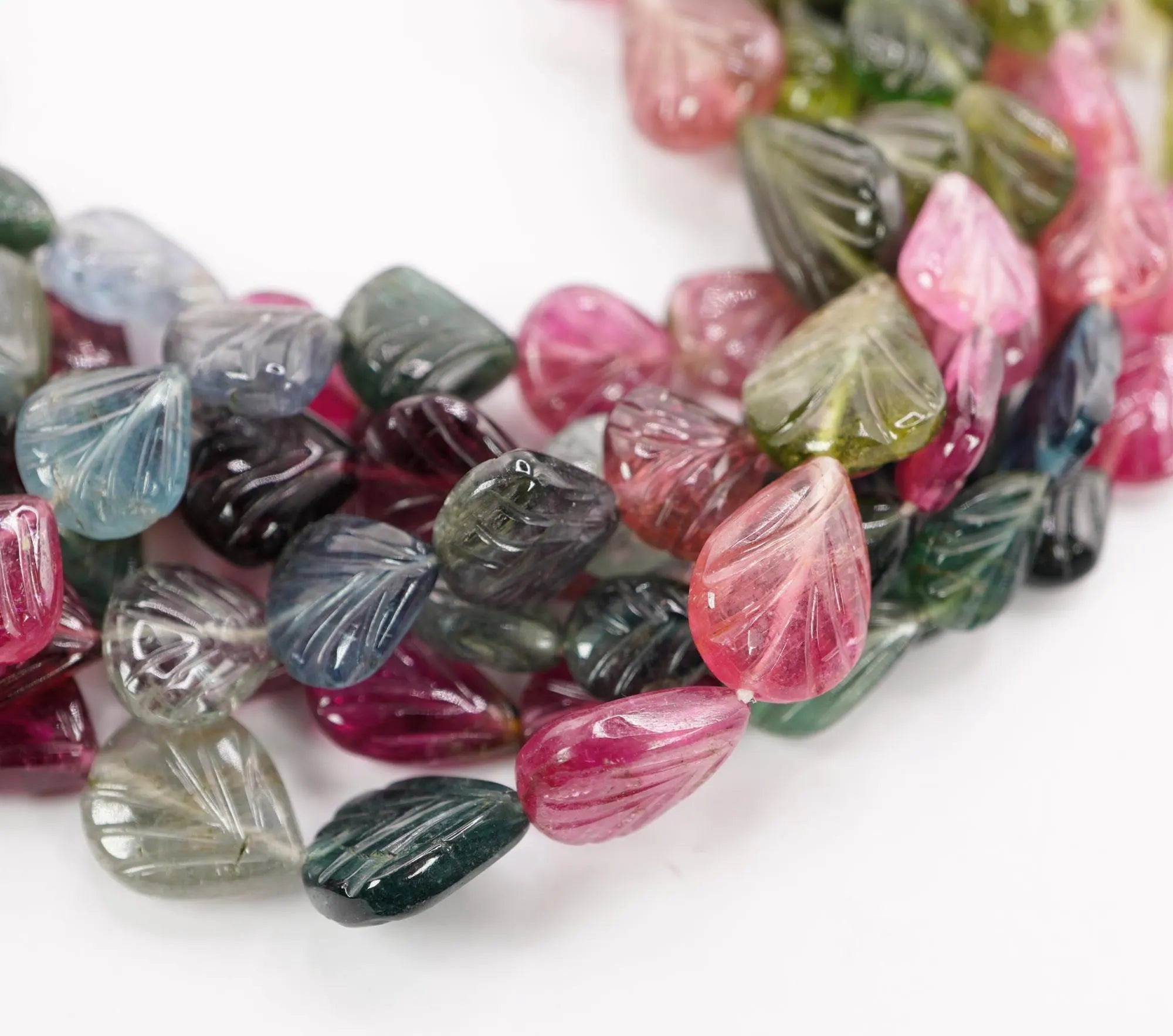Multicolor Tourmaline Carved Fan Strand Beads