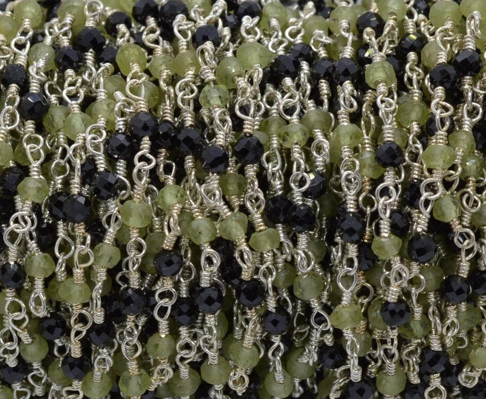 Black Spinel & Peridot Gemstone Rhodium Plated Brass Rosary Chain Beads