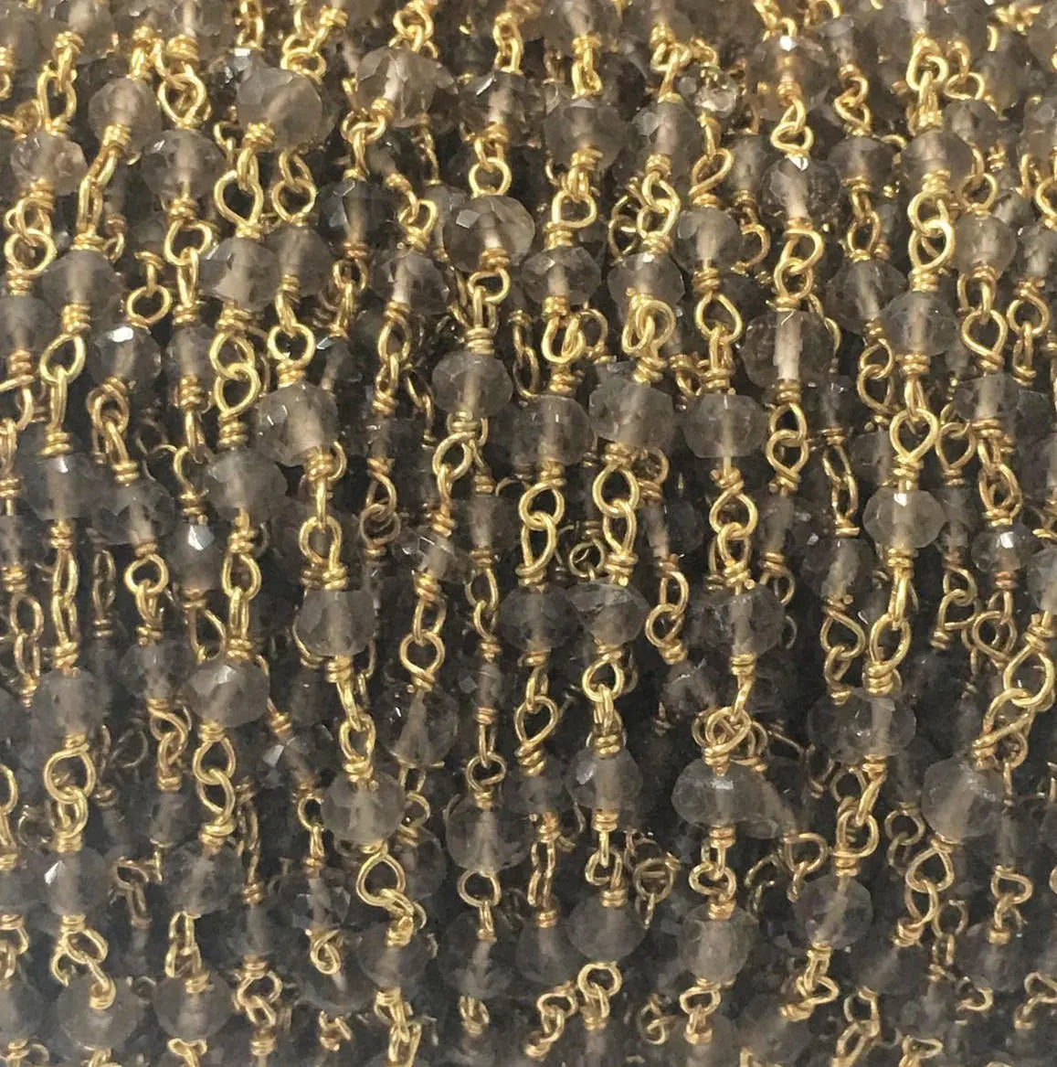 Smoky Quartz Rondelle Shape Gemstone Brass Gold Plated Rosary Beads Chain
