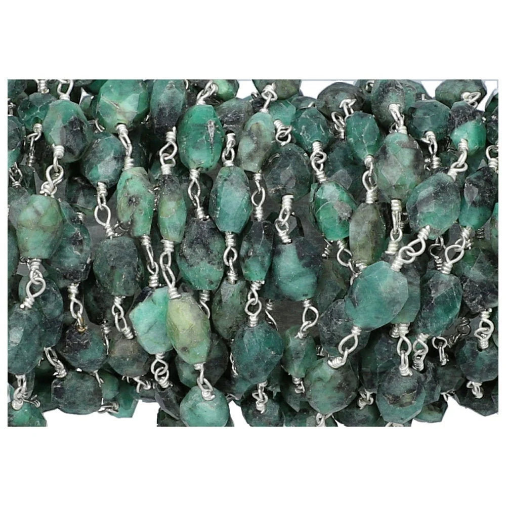 Raw Emerald Faceted Oval Gemstone Brass Silver Plated Rosary Beads Chain