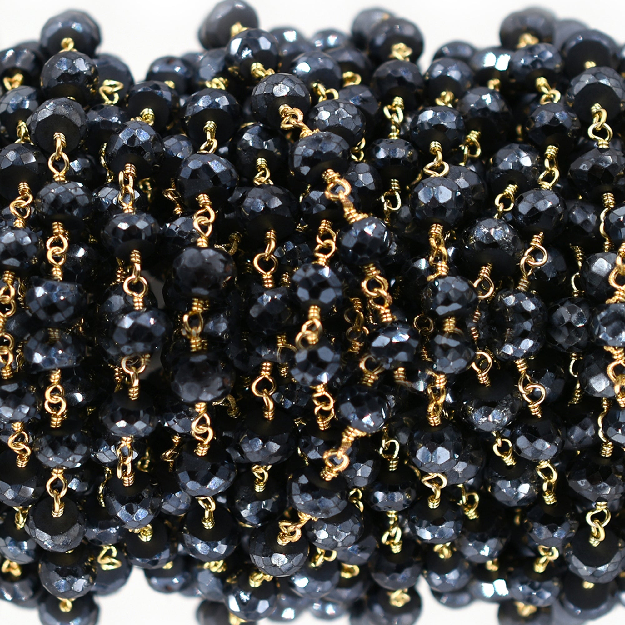 Mystique Black Spinel 5 To 6 MM Faceted Mystique Coated Rondelle Brass Gold Plated Wire Wrapped Chain Sold by Foot